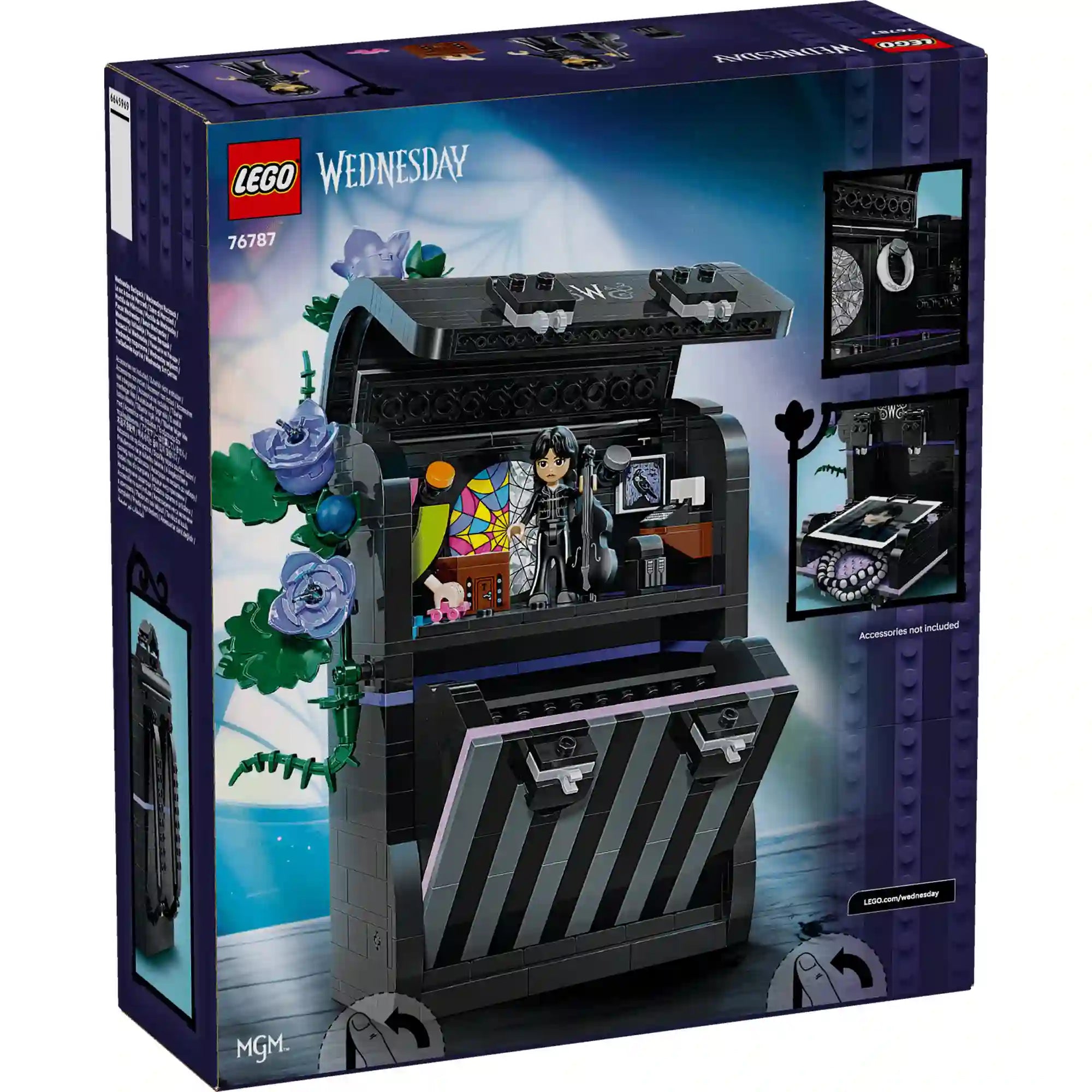 A LEGO Wednesday hátizsákja készlet dobozának hátoldala, a kinyitott modell belső tereivel és tárolórekeszeivel.