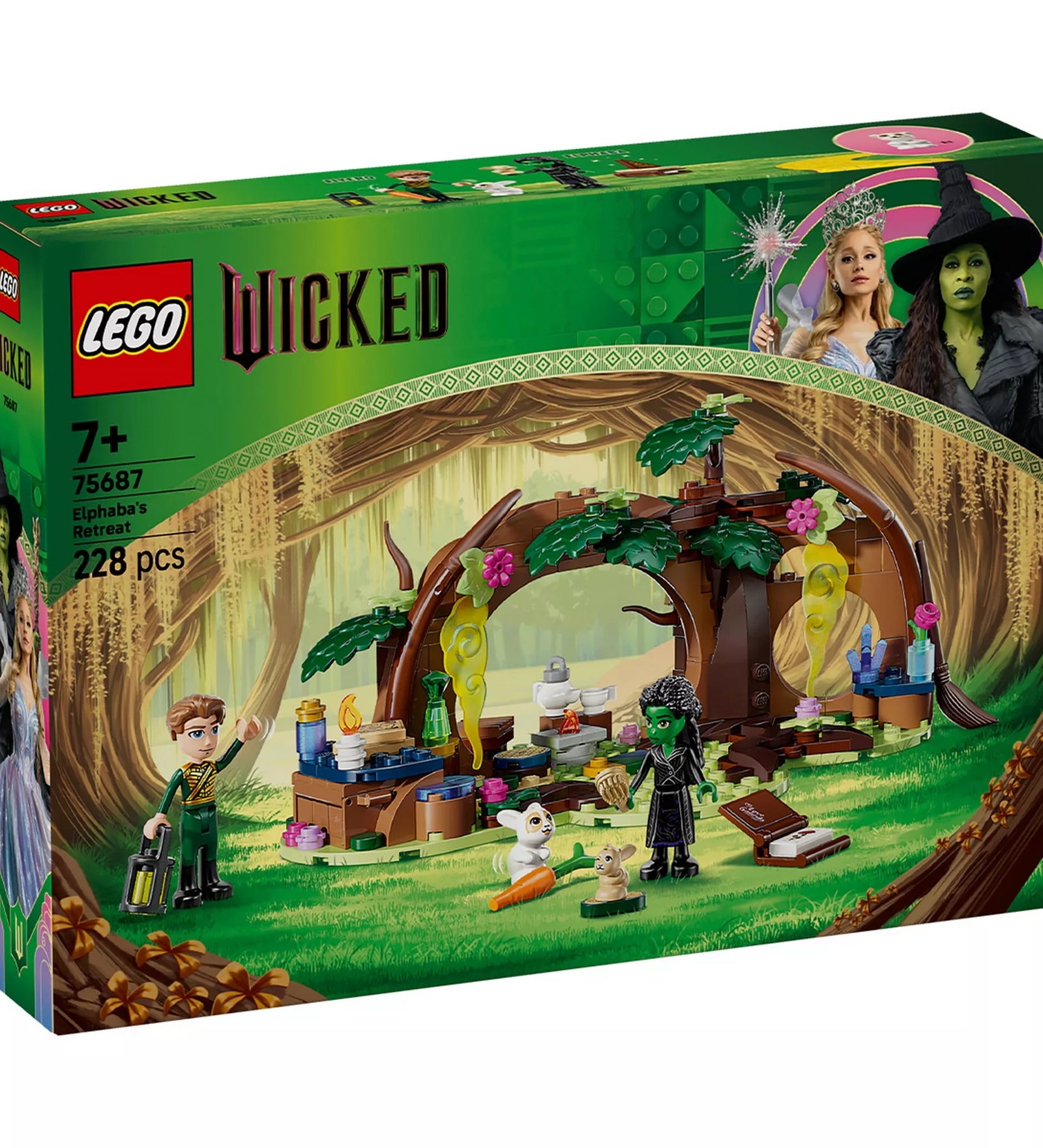 A LEGO Wicked Elphaba’s Retreat (75687) doboza, a varázslatos erdei rejtekhellyel, Elphaba és Glinda minifigurákkal a borítón.