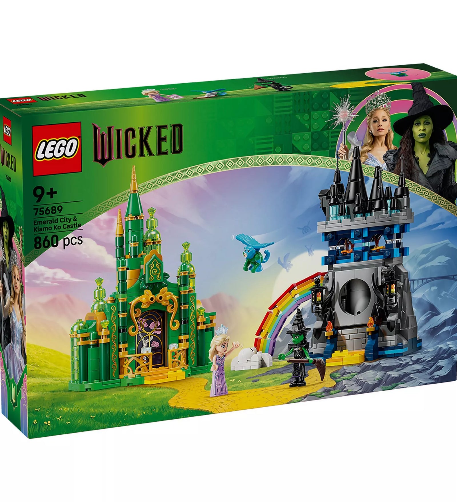 A LEGO Wicked – Emerald City & Kiamo Ko Castle (75689) doboza, a Smaragdváros és a Kiamo Ko kastély építményeivel és minifigurákkal.