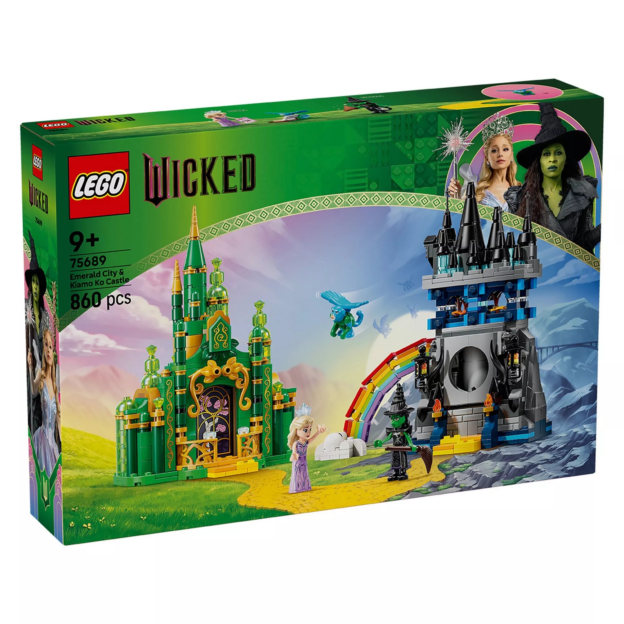 A LEGO Wicked – Emerald City & Kiamo Ko Castle (75689) doboza, a Smaragdváros és a Kiamo Ko kastély építményeivel és minifigurákkal.