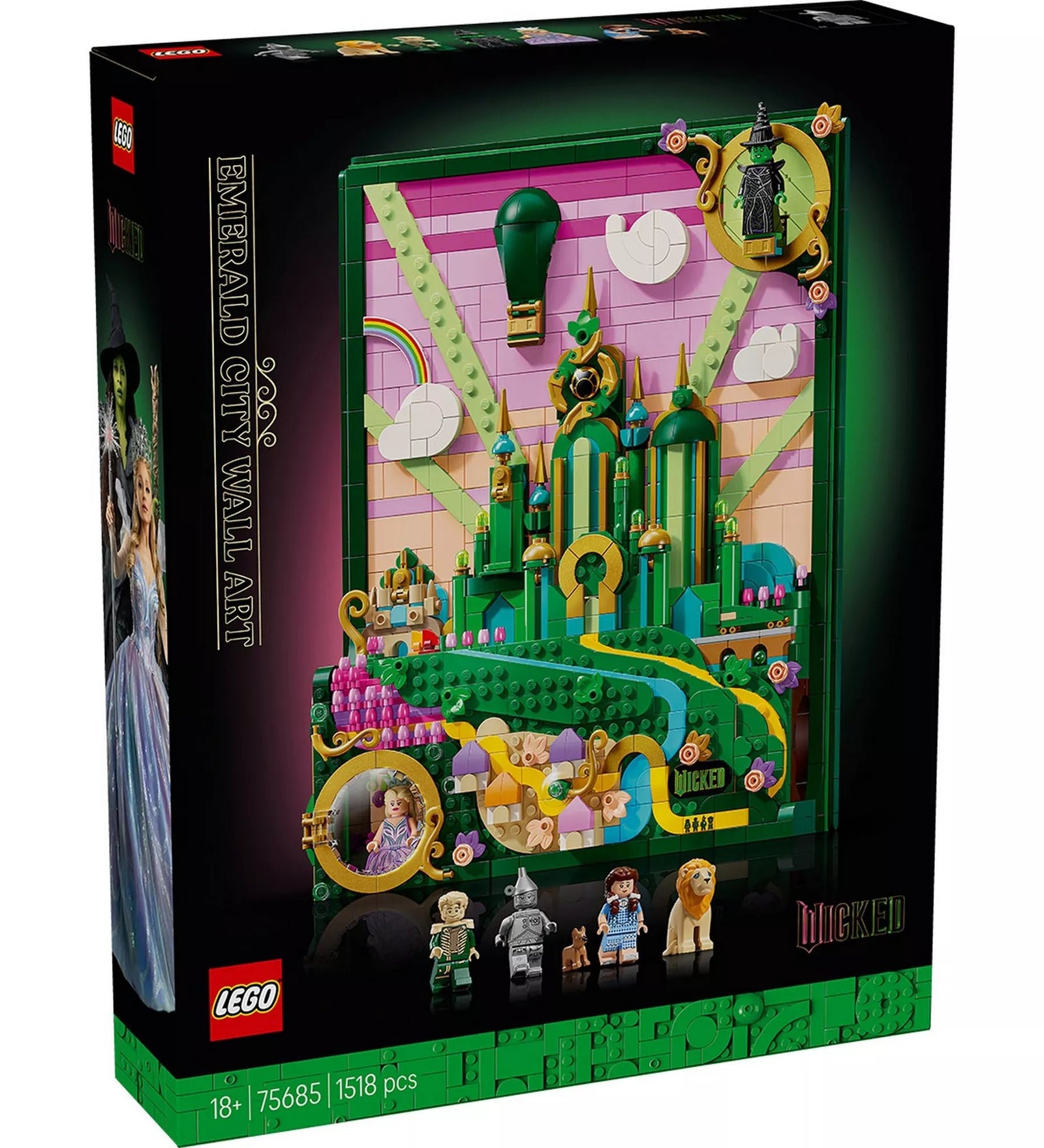 A LEGO Wicked Emerald City falikép (75685) doboza elölnézetből, élénk zöld, rózsaszín és sárga színekkel megépített 3D-s Emerald City jelenettel. A doboz alján a hat minifigura – Glinda, Elphaba, Dorothy, Toto, Bádogember és Oroszlán – látható, a háttérben pedig a hőlégballon és a város tornyai.