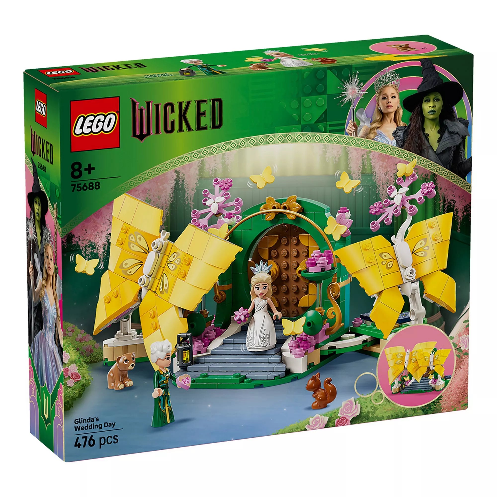 A LEGO Wicked: Glinda esküvője (75688) doboza, a zöld kapuval, nagy sárga pillangókkal és Glinda mini babájával.