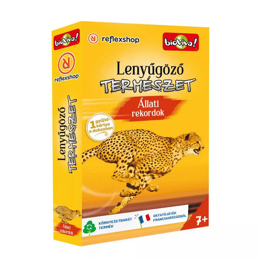 Lenyűgöző természet – Állati rekordok oktató kártyajáték doboza futó gepárd illusztrációval.