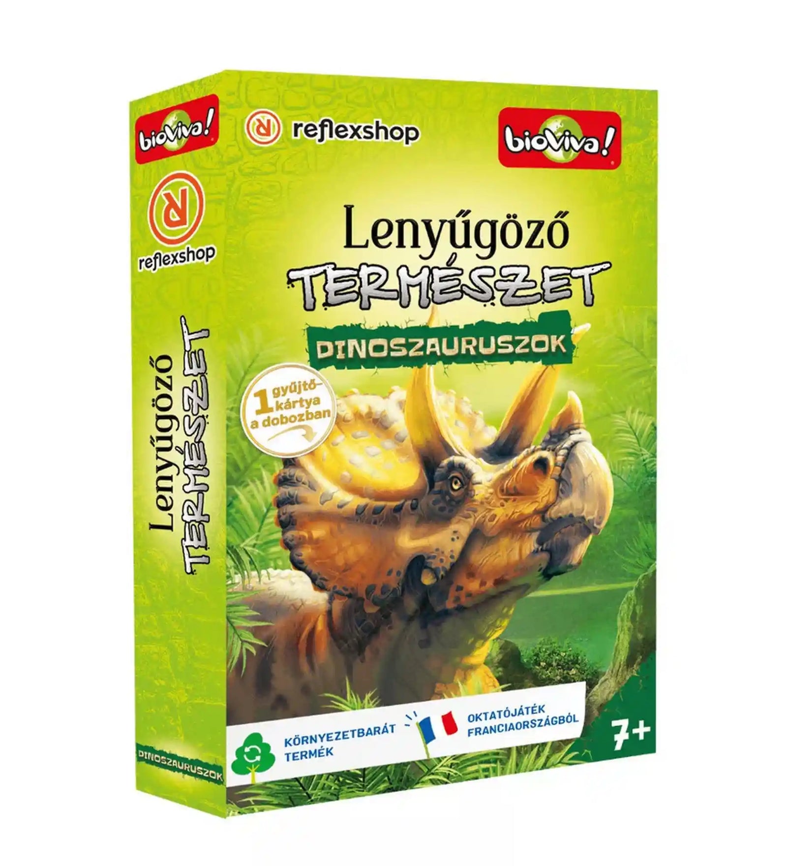 Lenyűgöző természet – Dinoszauruszok oktató kártyajáték doboza triceratops illusztrációval.