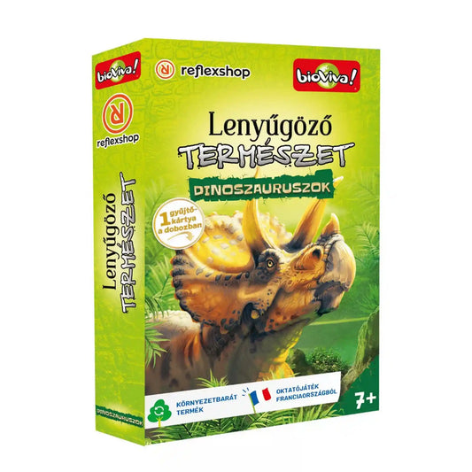 Lenyűgöző természet – Dinoszauruszok oktató kártyajáték doboza triceratops illusztrációval.