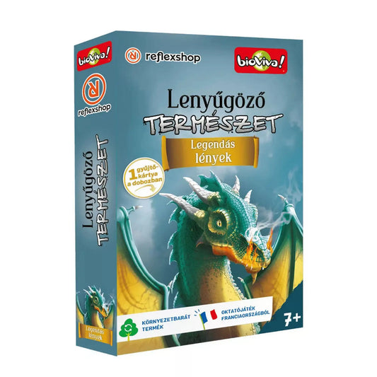 A Lenyűgöző természet: Legendás lények kártyajáték doboza látható, amelyet egy tüzet okádó sárkány illusztrációja díszít. A fantáziavilágot idéző borító jól tükrözi a játék témáját, amely a legismertebb mitológiai és legendás lényeket mutatja be játékos, ismeretterjesztő formában.