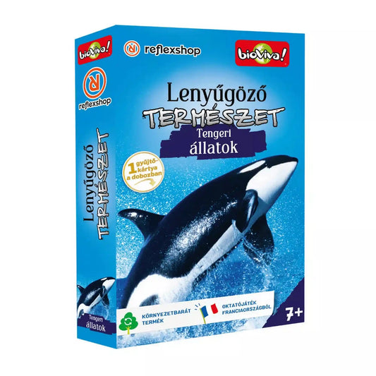 A Lenyűgöző természet: Tengeri állatok kártyajáték doboza egy ugró kardszárnyú delfinnel (orka) a borítón. A tengeri témájú grafika kiemeli a játék természetismereti jellegét, amely játékos formában ismerteti meg a különböző tengeri élőlényeket.