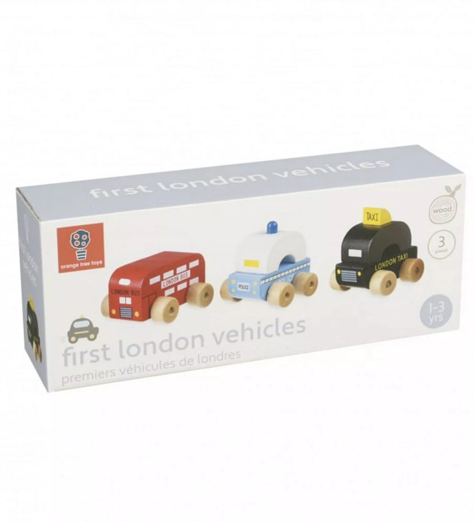A Londoni járműszett doboza az Orange Tree Toys márkától, rajta három klasszikus fa jármű: piros londoni busz, kék rendőrautó és fekete taxi, fehér háttér előtt.