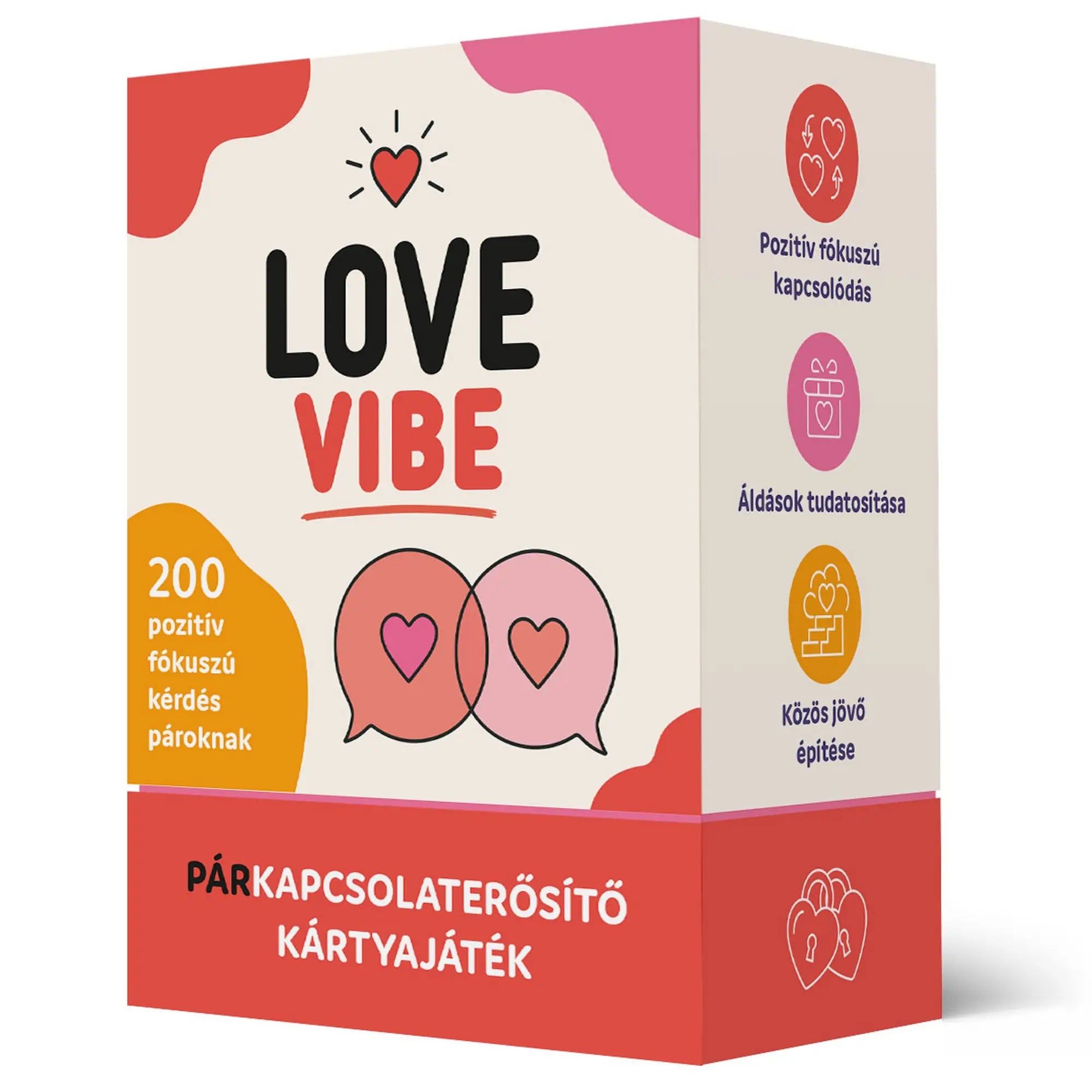 Love Vibe párkapcsolaterősítő kártyajáték doboza 200 pozitív fókuszú kérdéssel