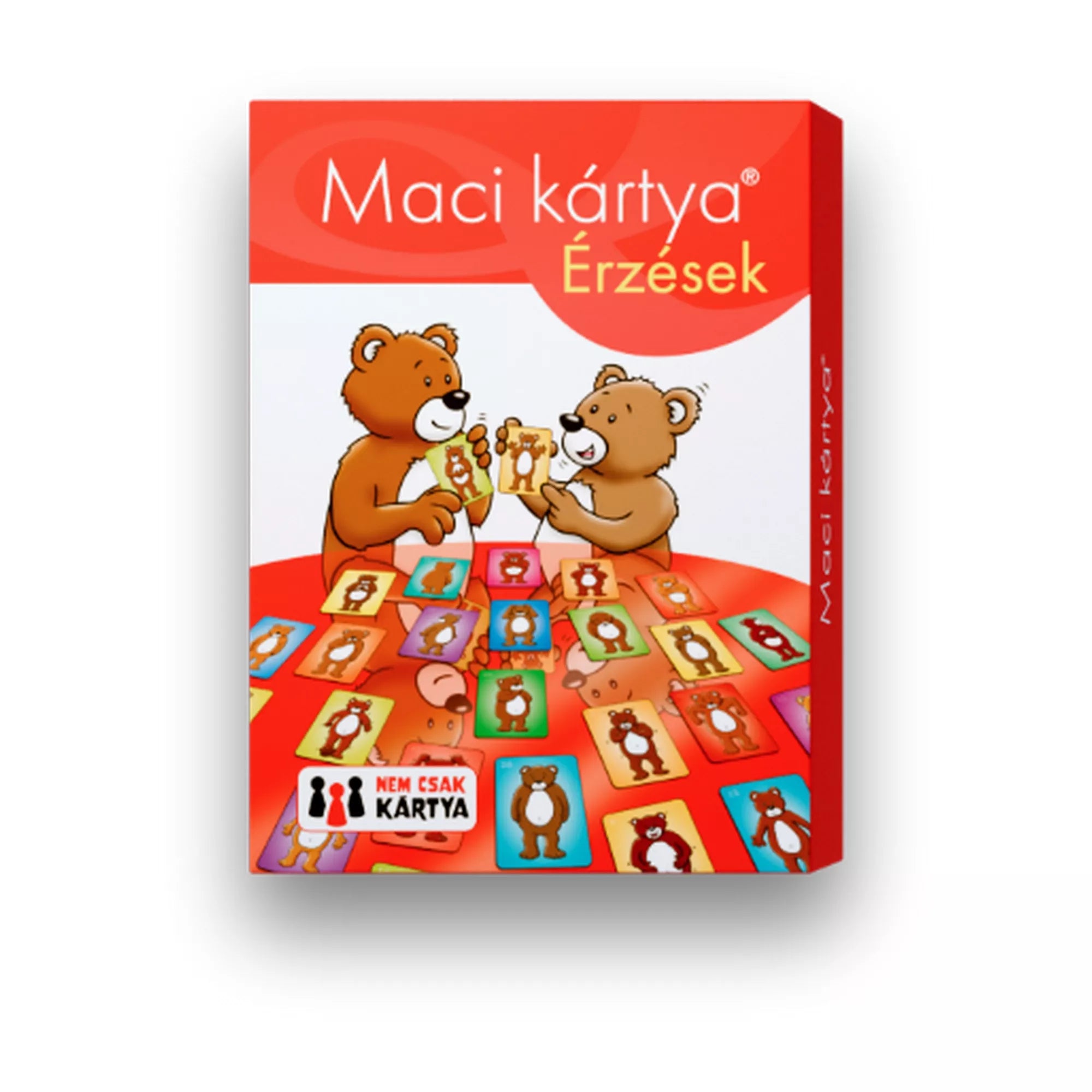 „A Maci kártya – Érzések játék borítója két macival, akik különböző érzelmeket ábrázoló színes kártyákkal játszanak.”