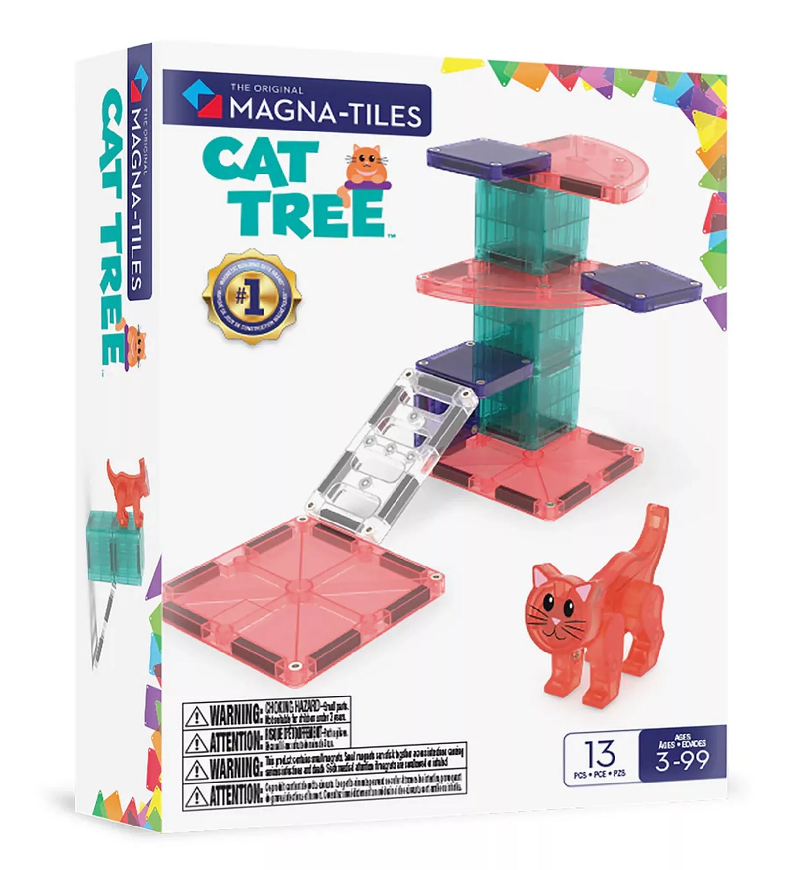 A MAGNA-TILES Cat Tree 13 darabos mágneses építőkészlet doboza. A képen egy színes, áttetsző cicamászótorony és egy piros macskafigura látható. A doboz kiemeli a microMAGS technológiát és a kreatív építési lehetőségeket.
