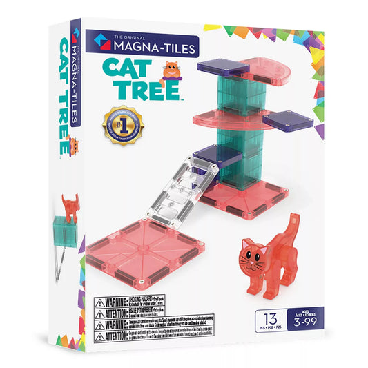 A MAGNA-TILES Cat Tree 13 darabos mágneses építőkészlet doboza. A képen egy színes, áttetsző cicamászótorony és egy piros macskafigura látható. A doboz kiemeli a microMAGS technológiát és a kreatív építési lehetőségeket.
