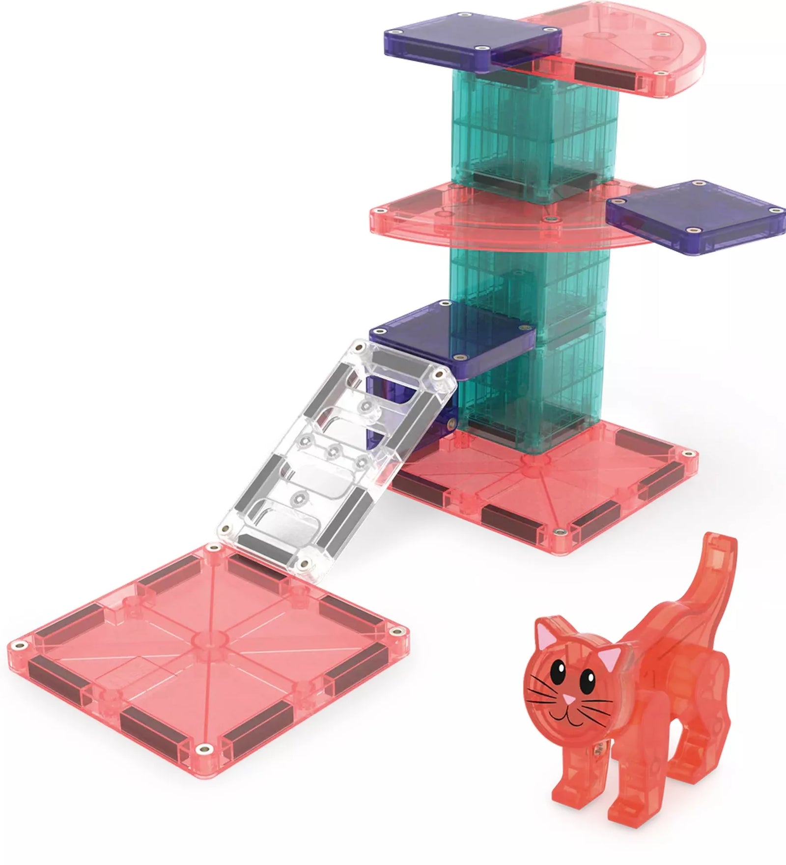 A MAGNA-TILES Cat Tree fő modellje: egy többemeletes cicamászótorony áttetsző, rózsaszín és zöld építőelemekből, kis rámpával és piros macskafigurával. A játék kreatív építést és fantáziadús szerepjátékot kínál.
