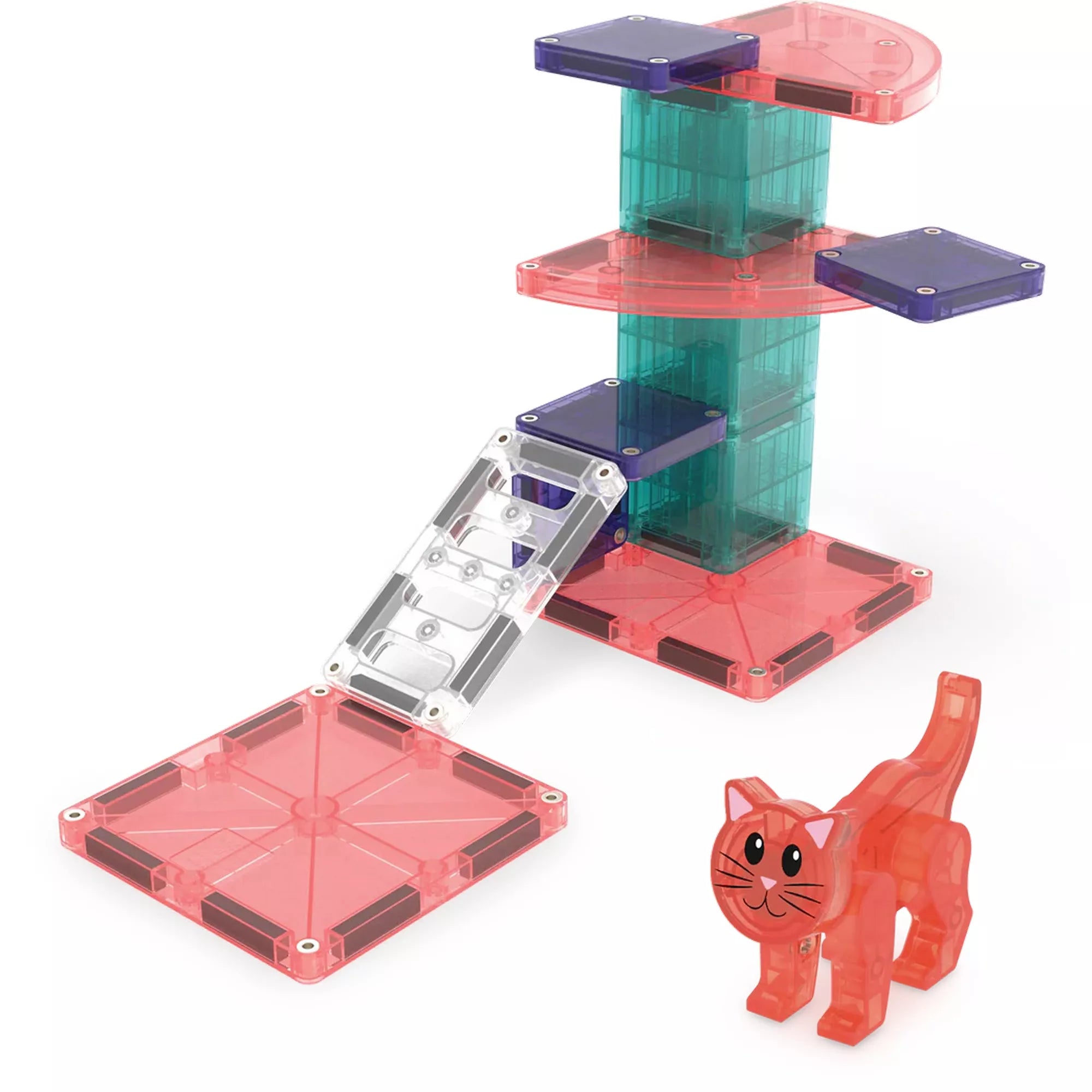 A MAGNA-TILES Cat Tree fő modellje: egy többemeletes cicamászótorony áttetsző, rózsaszín és zöld építőelemekből, kis rámpával és piros macskafigurával. A játék kreatív építést és fantáziadús szerepjátékot kínál.