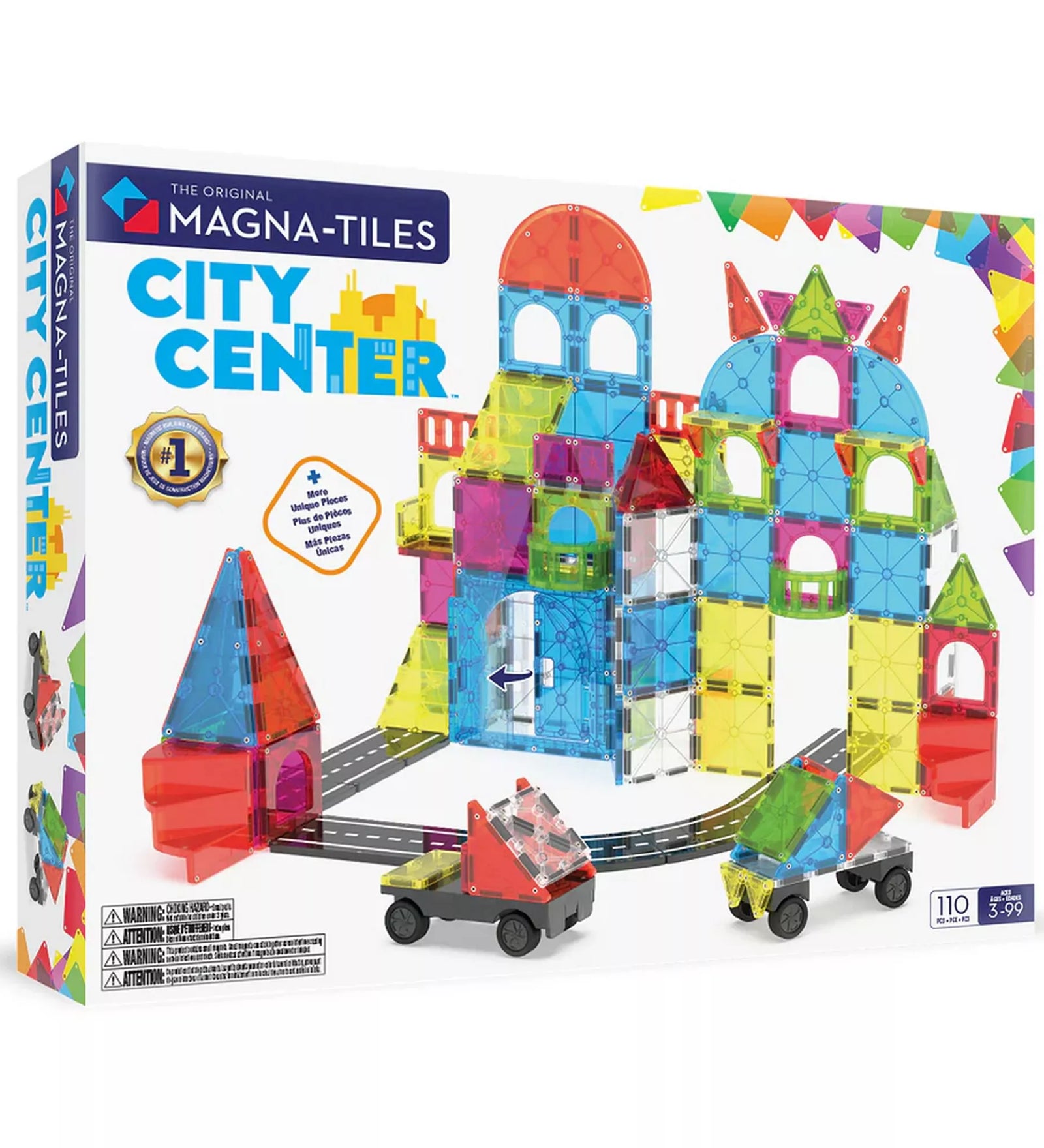 A MAGNA-TILES City Center doboza, amelyen egy színes, áttetsző városi építmény látható két kisautóval és útelemekkel. A készlet 110 darabot tartalmaz, köztük microMAGS elemeket.