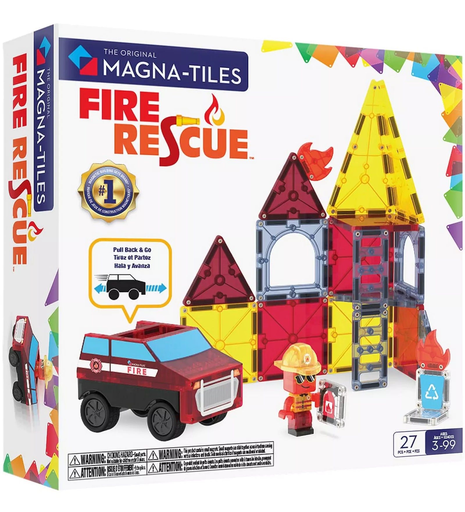 MAGNA-TILES Fire Rescue, 27 darabos készlet dobozkép, tűzoltóautóval, tűzoltó figurával és mágneses építőelemekkel.