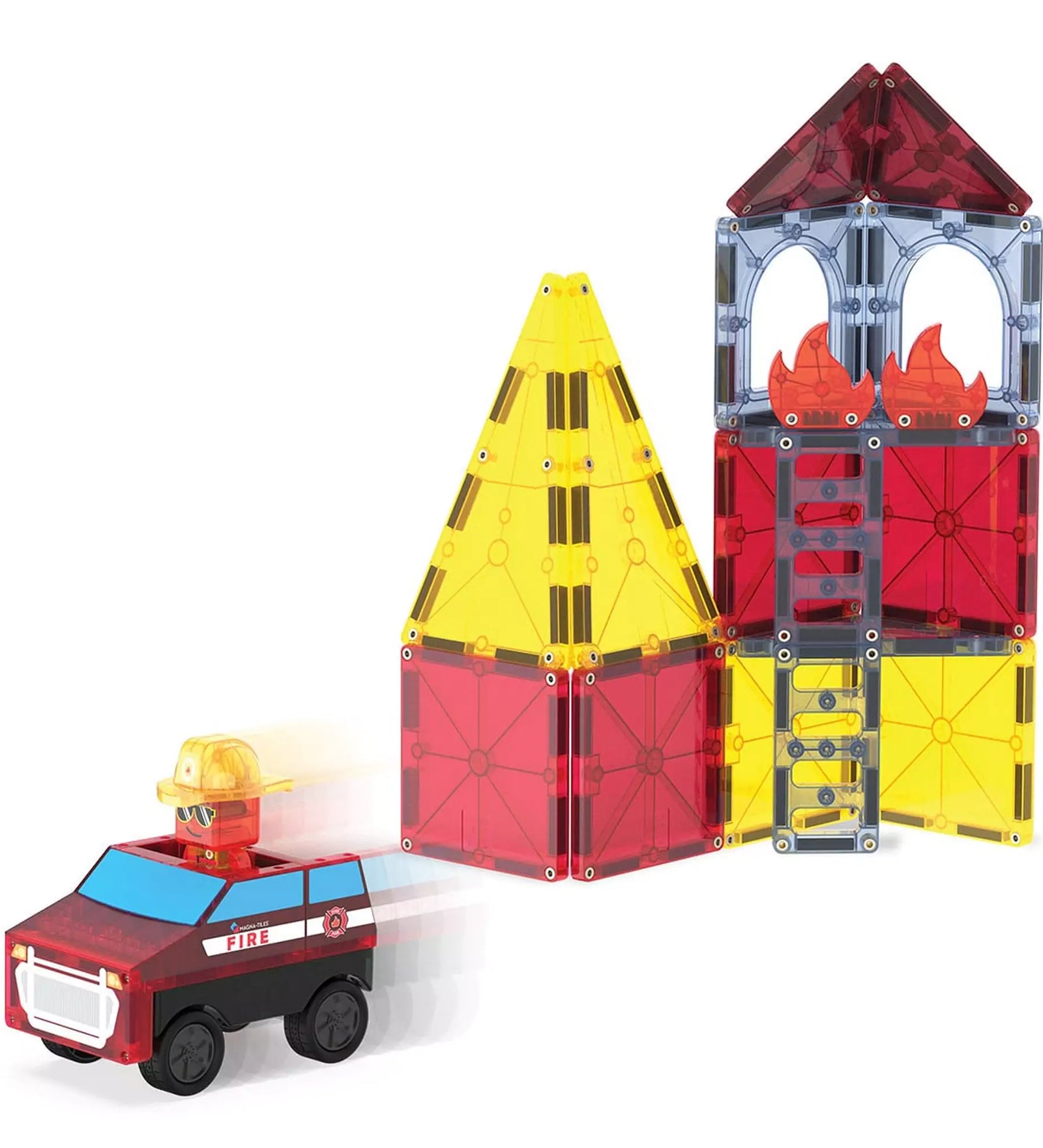 A MAGNA-TILES Fire Rescue, 27 darabos készletből épített torony és a mozgásban lévő tűzoltóautó figurával.