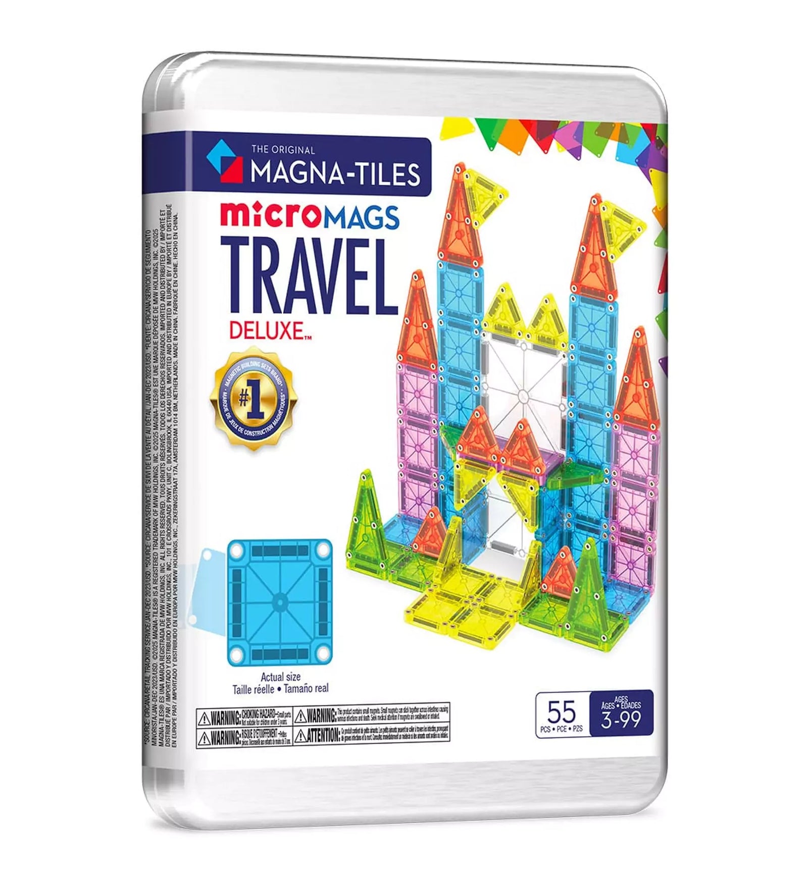 MAGNA-TILES MicroMAGS Travel Deluxe, 55 darabos készlet dobozkép, színes mágneses elemekkel és praktikus fémdobozzal.
