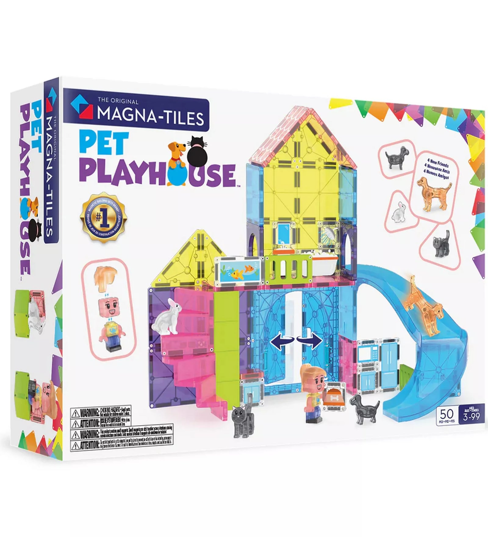 A MAGNA-TILES Pet Playhouse 50 darabos mágneses építőkészlet doboza. A képen a színes, áttetsző elemekből épített kisállat-ház látható, kiegészítve kutyával, cicával, nyuszival és gondozófigurával. A doboz kiemeli a készlet kreatív és állatbarát tematikáját.