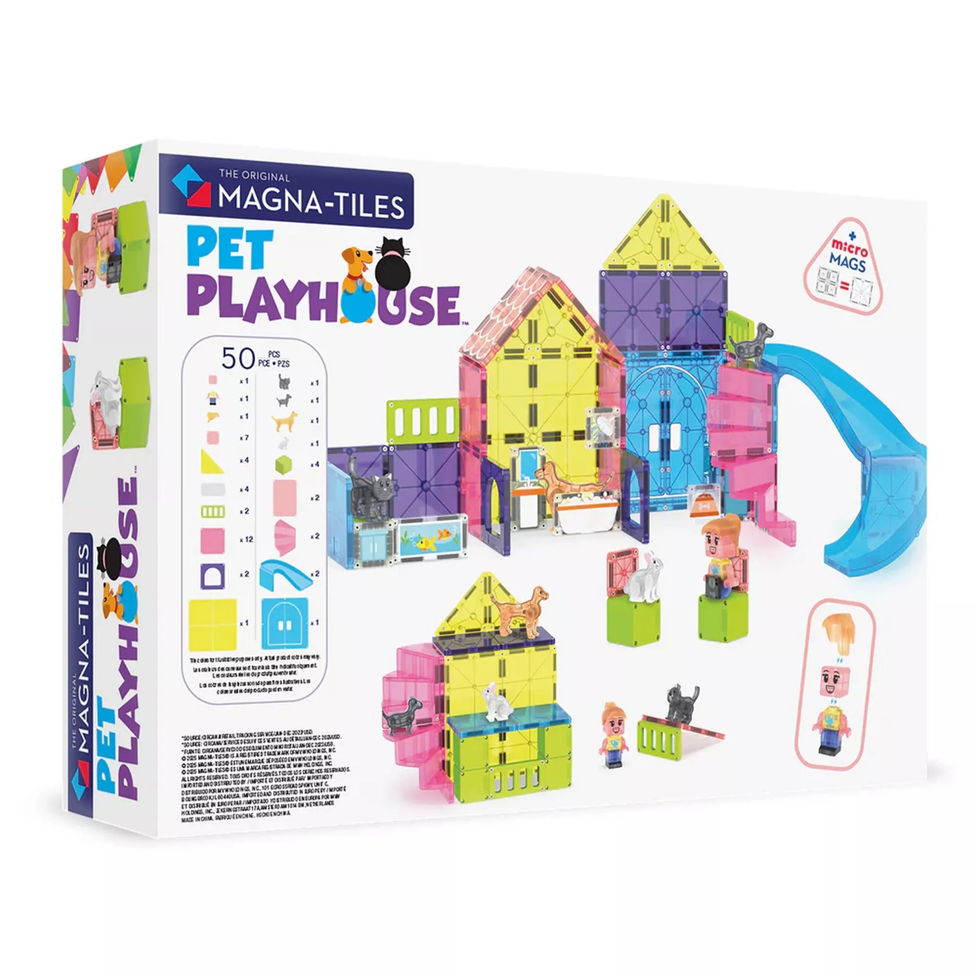 A MAGNA-TILES Pet Playhouse készlet hátoldala, amely bemutatja az összes elemet, az állatfigurákat és az új kiegészítőket, például a csúszdát és a bútorokat. A doboz illusztrálja, hogyan lehet különböző házakat és játéktereket építeni.