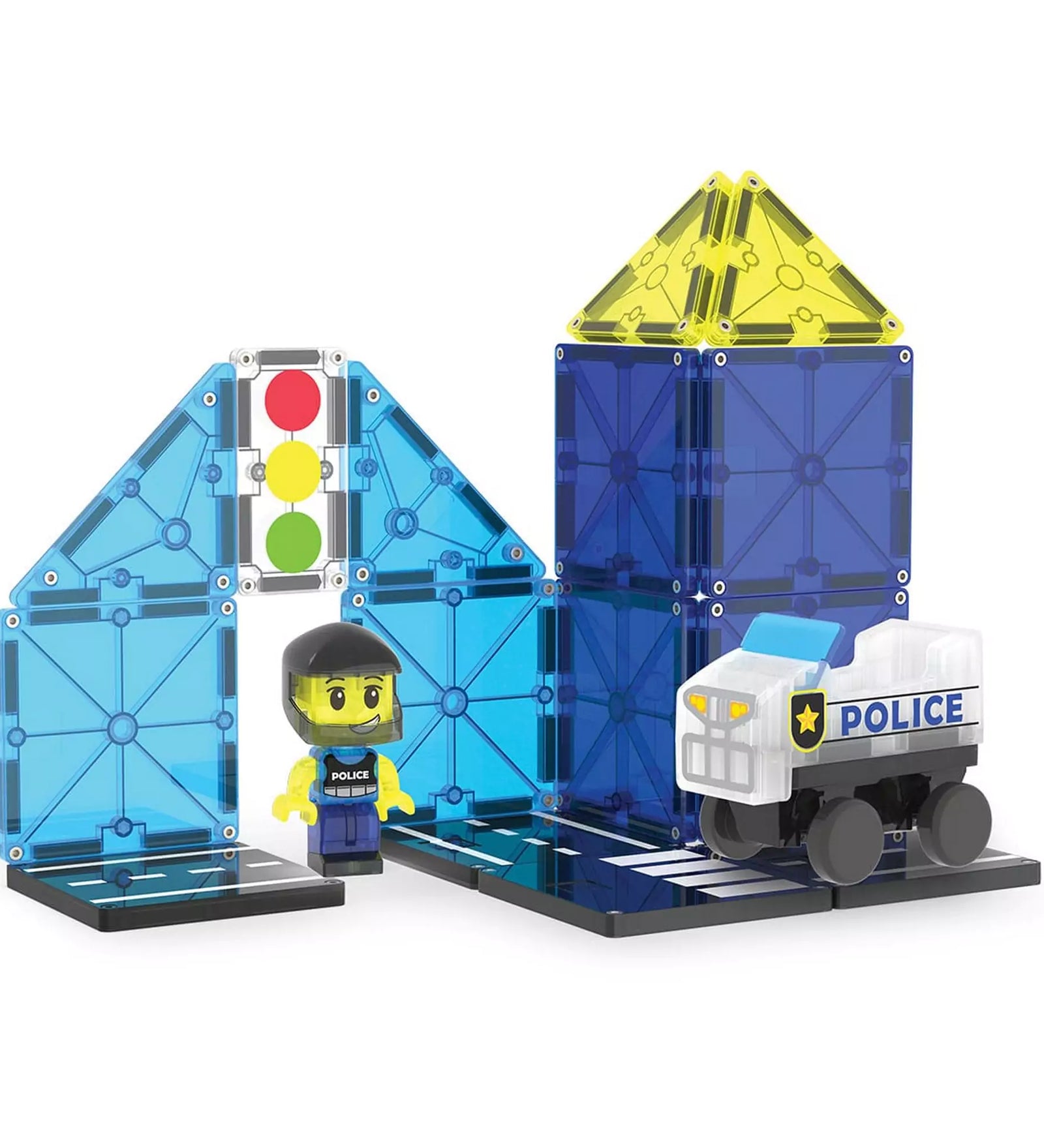 „MAGNA-TILES Police Patrol, 20 darabos készlet felépített rendőrségi állomással, rendőrfigurával és mágneses rendőrautóval.”