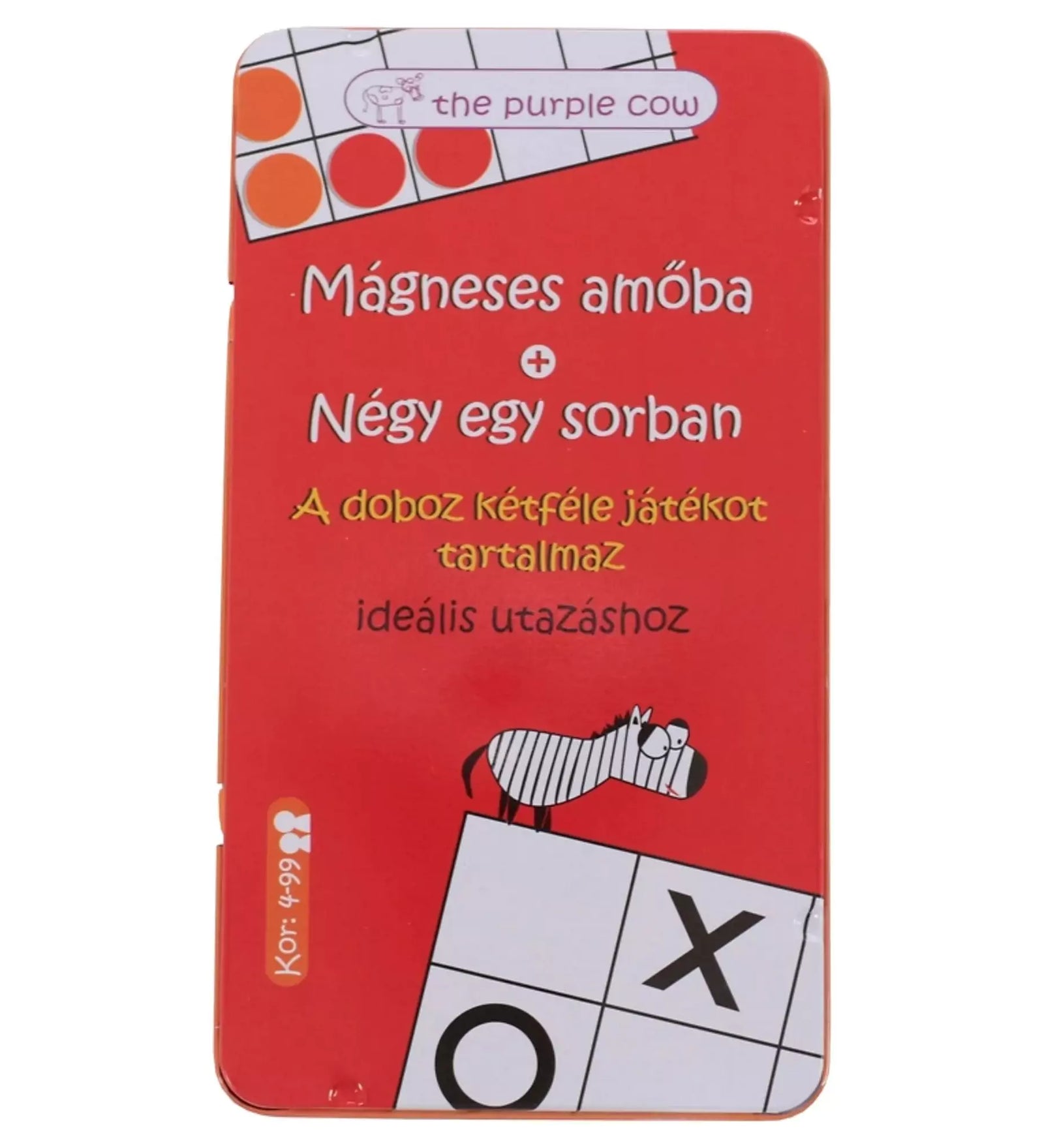 A Mágneses Amőba társasjáték doboza elölnézetből, élénk piros színben, rajta a játék nevével és vidám grafikával.