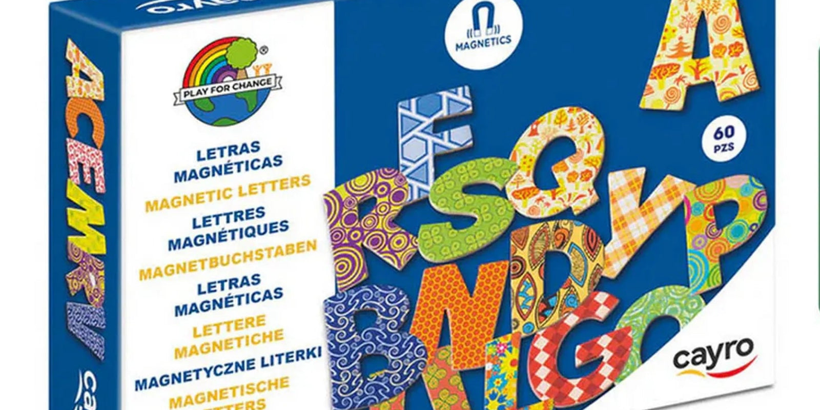Mágneses betűk, 60 darabos, Cayro – termékdoboz elölnézete rajta szétszórva betűkkel.
