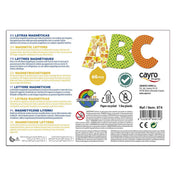 Mágneses betűk, 60 darabos, Cayro – a doboz hátoldala termékinformációkkal és mintabetűkkel.