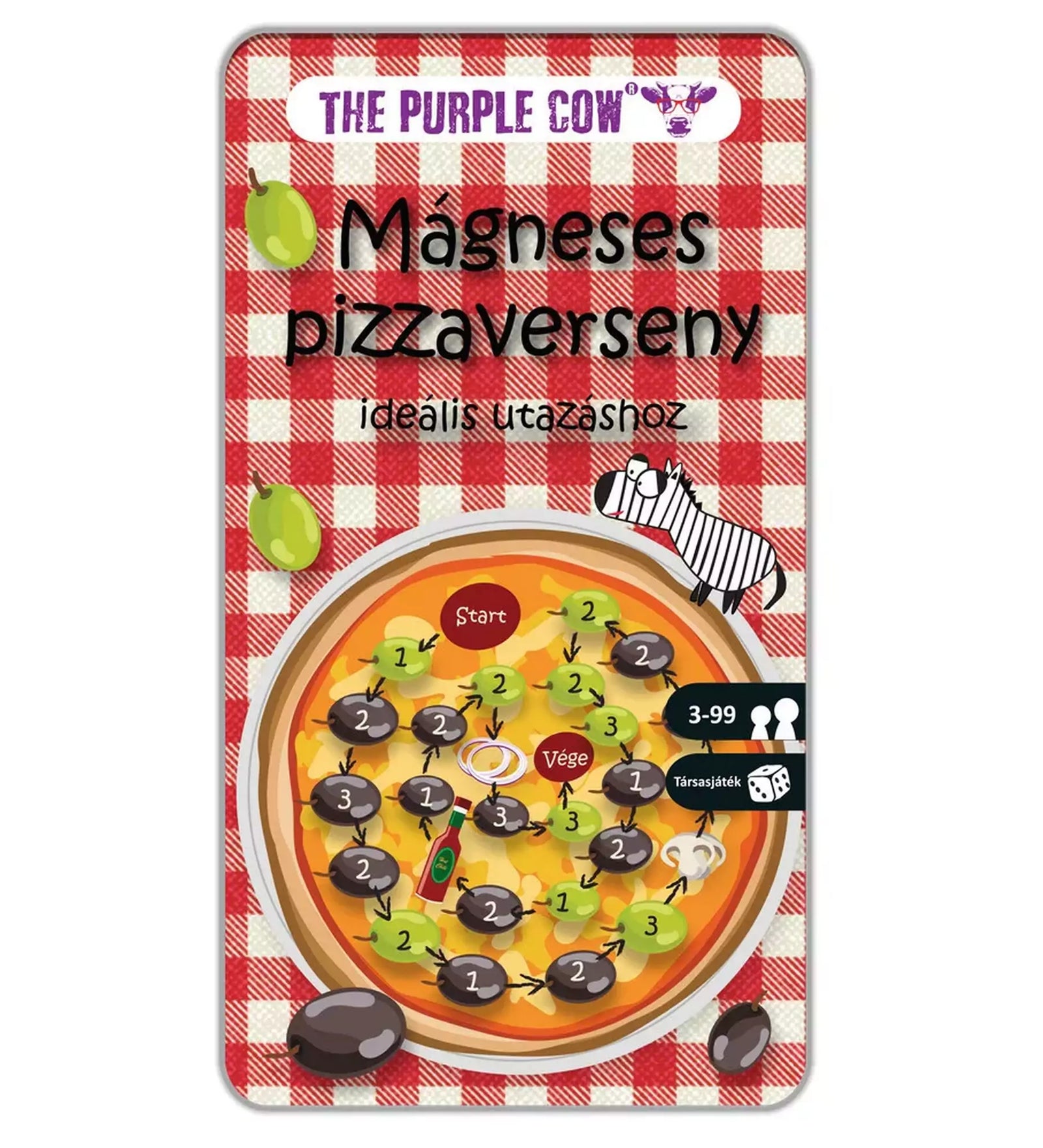 „Mágneses Pizzaverseny társasjáték doboza piros-fehér kockás háttérrel, pizzával, olívabogyókkal és zebrafigurával, ideális utazáshoz.”