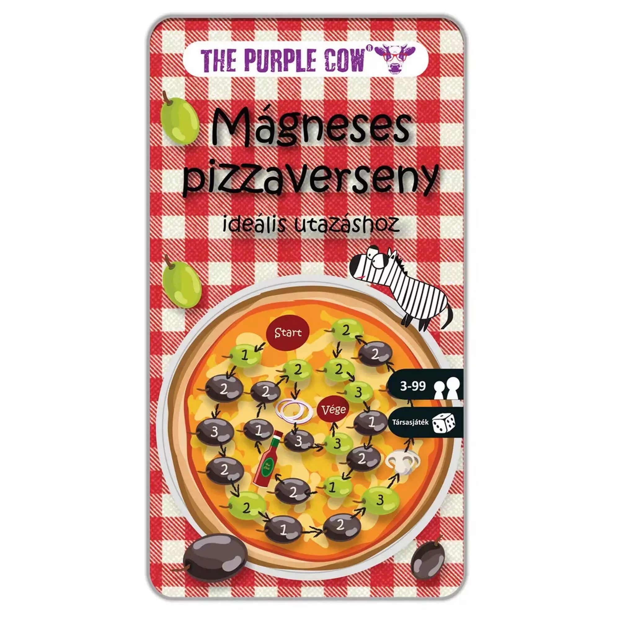 „Mágneses Pizzaverseny társasjáték doboza piros-fehér kockás háttérrel, pizzával, olívabogyókkal és zebrafigurával, ideális utazáshoz.”