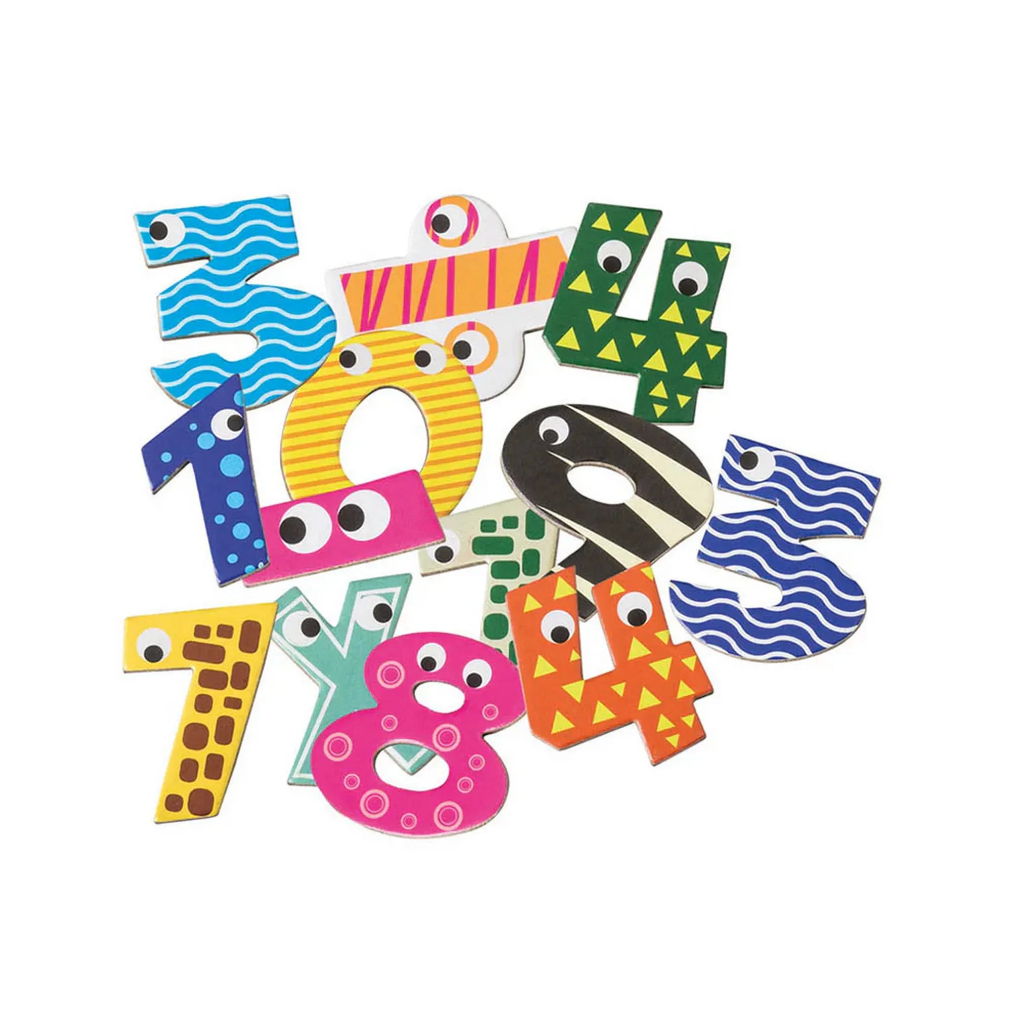 Mágneses számok és műveletjelek, 60 darabos, Cayro szett színes mágneses számai és műveletjelei fehér háttéren, játékos mintákkal.