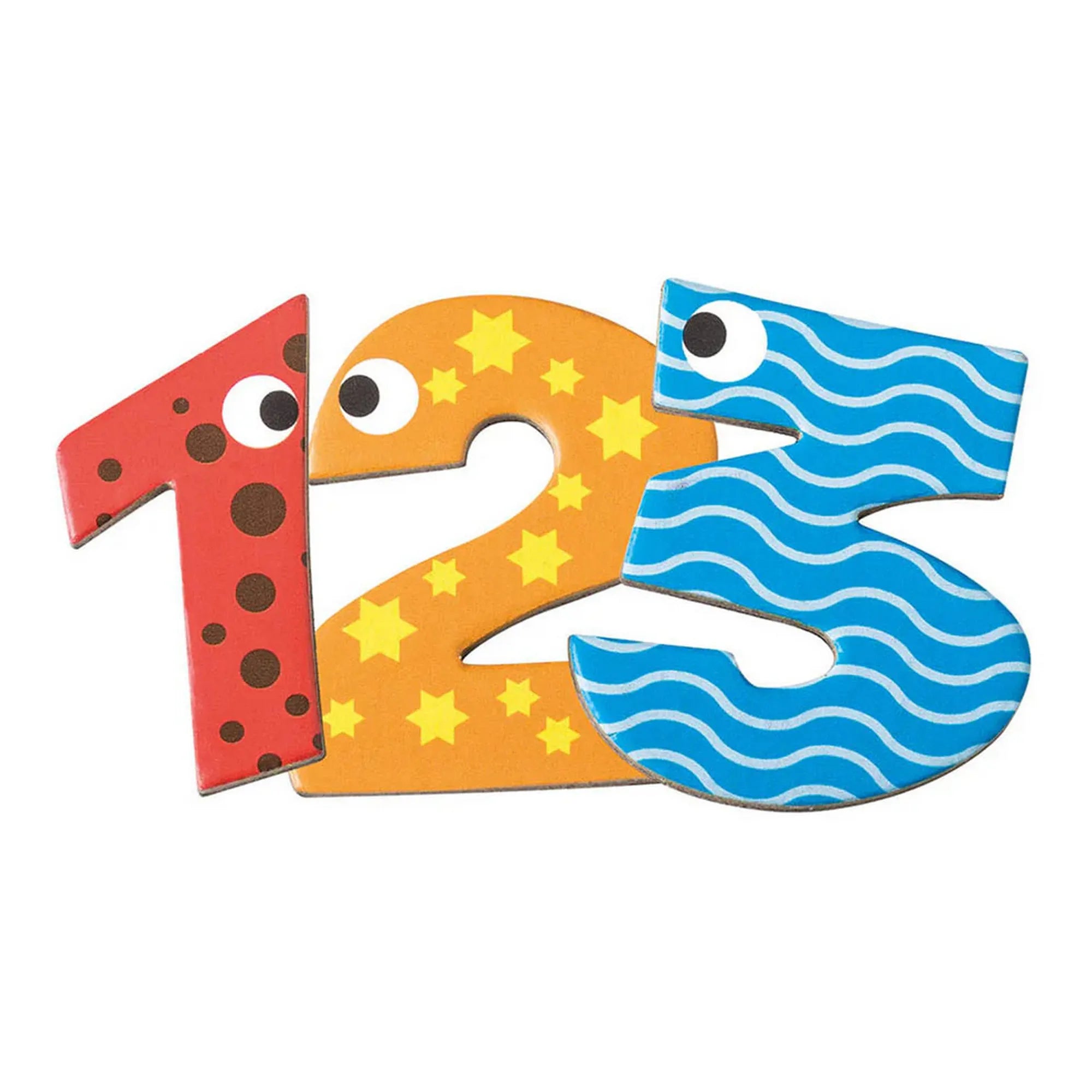 Mágneses számok és műveletjelek, 60 darabos, Cayro közeli képe az 1, 2 és 3 mágneses számokról színes, vidám mintákkal.