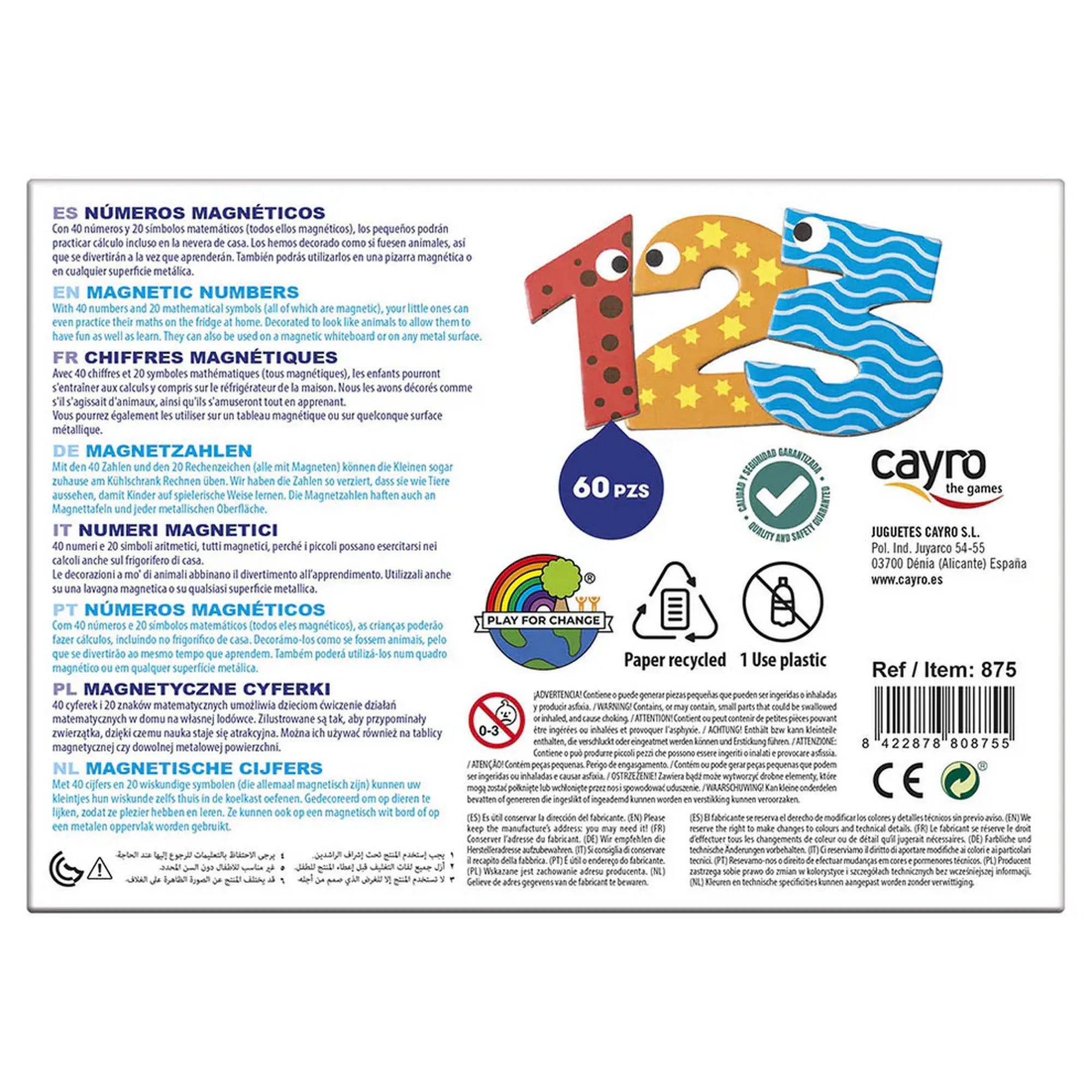 Mágneses számok és műveletjelek, 60 darabos, Cayro hátoldali csomagolása termékinformációkkal, mintaszámokkal és gyártói jelölésekkel.