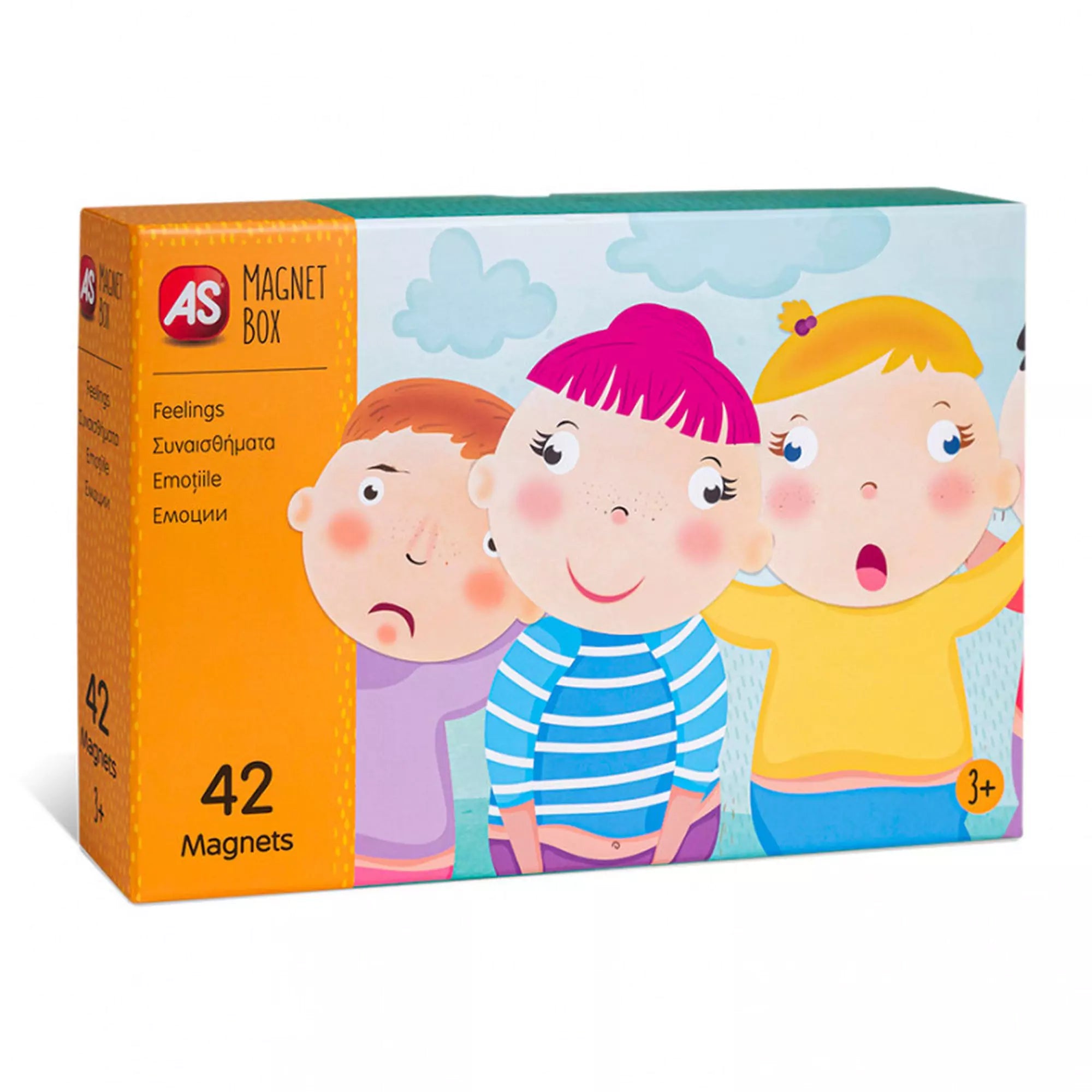 AS Magnet Box – Érzelmek: a doboz eleje színes illusztrációval három gyermek arcával különböző érzelmeket mutatva.