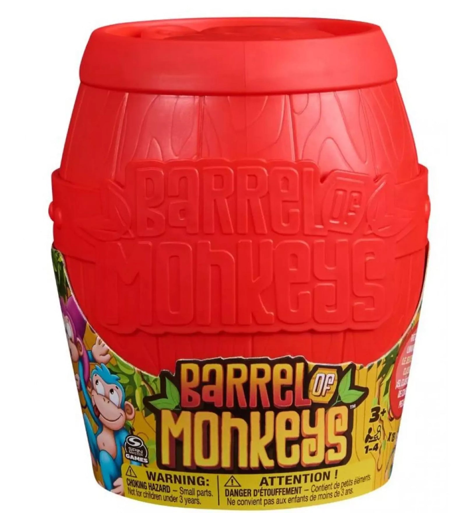 arrel of Monkeys játék piros hordó alakú csomagolásban, színes rajzolt majmokkal díszített címkével.