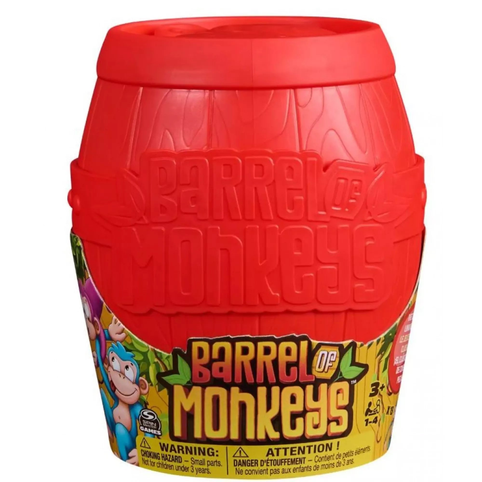 arrel of Monkeys játék piros hordó alakú csomagolásban, színes rajzolt majmokkal díszített címkével.