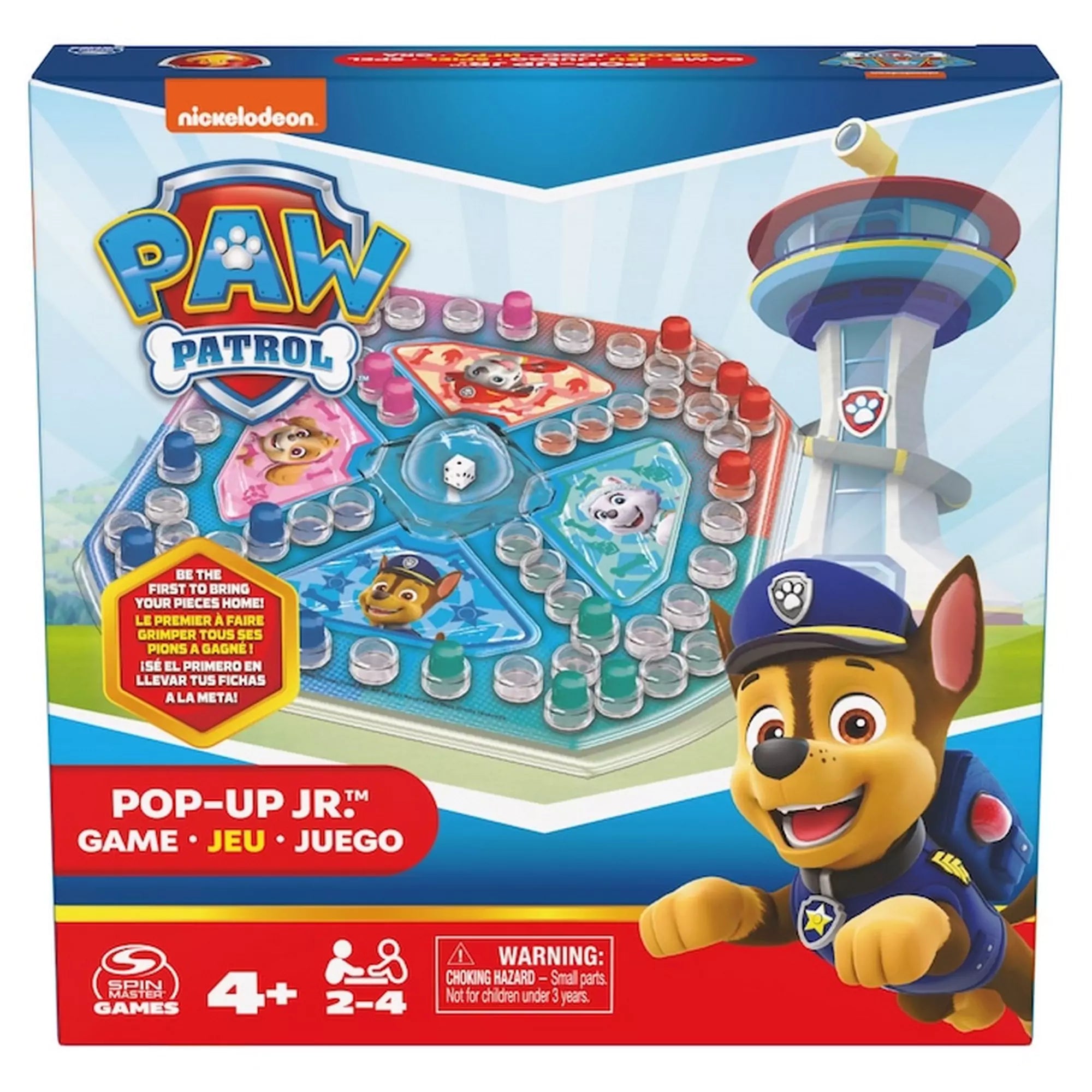PAW Patrol Pop-Up Jr. társasjáték doboza Chase karakterrel és a játék bemutatott táblájával.