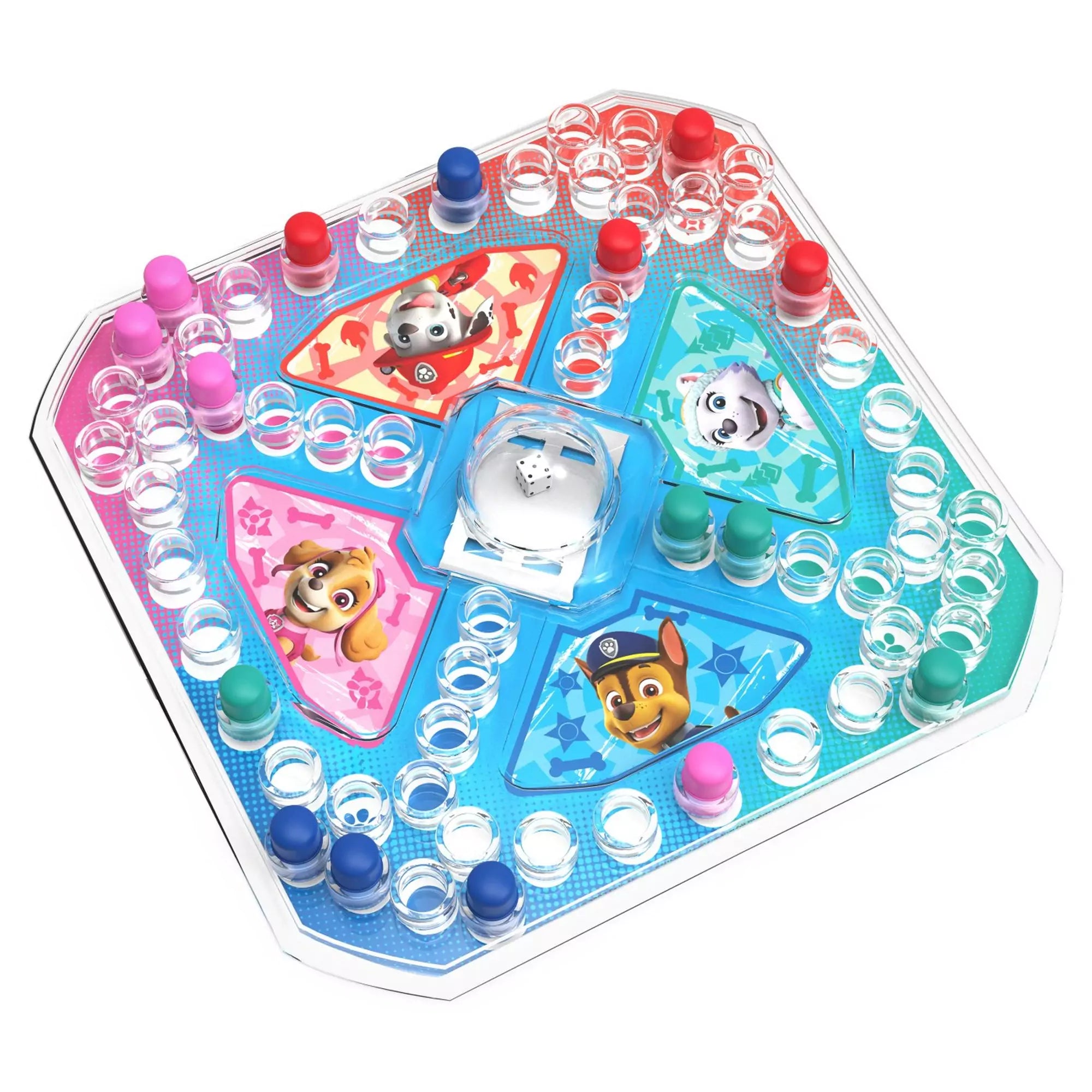PAW Patrol Pop-Up Jr. társasjáték színes játéktáblája a Mancs Őrjárat szereplőivel és bábukkal.