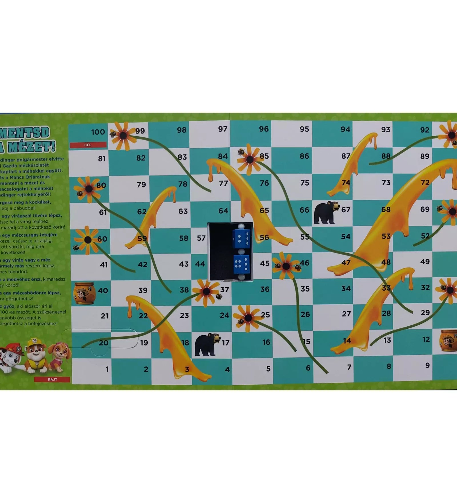 "Mancs Őrjárat: Pörgess és játssz! Együtt a csapat! – Mentsd a méheket! társasjáték tábla, színes mezőkkel, csúszdákkal és létrákkal."