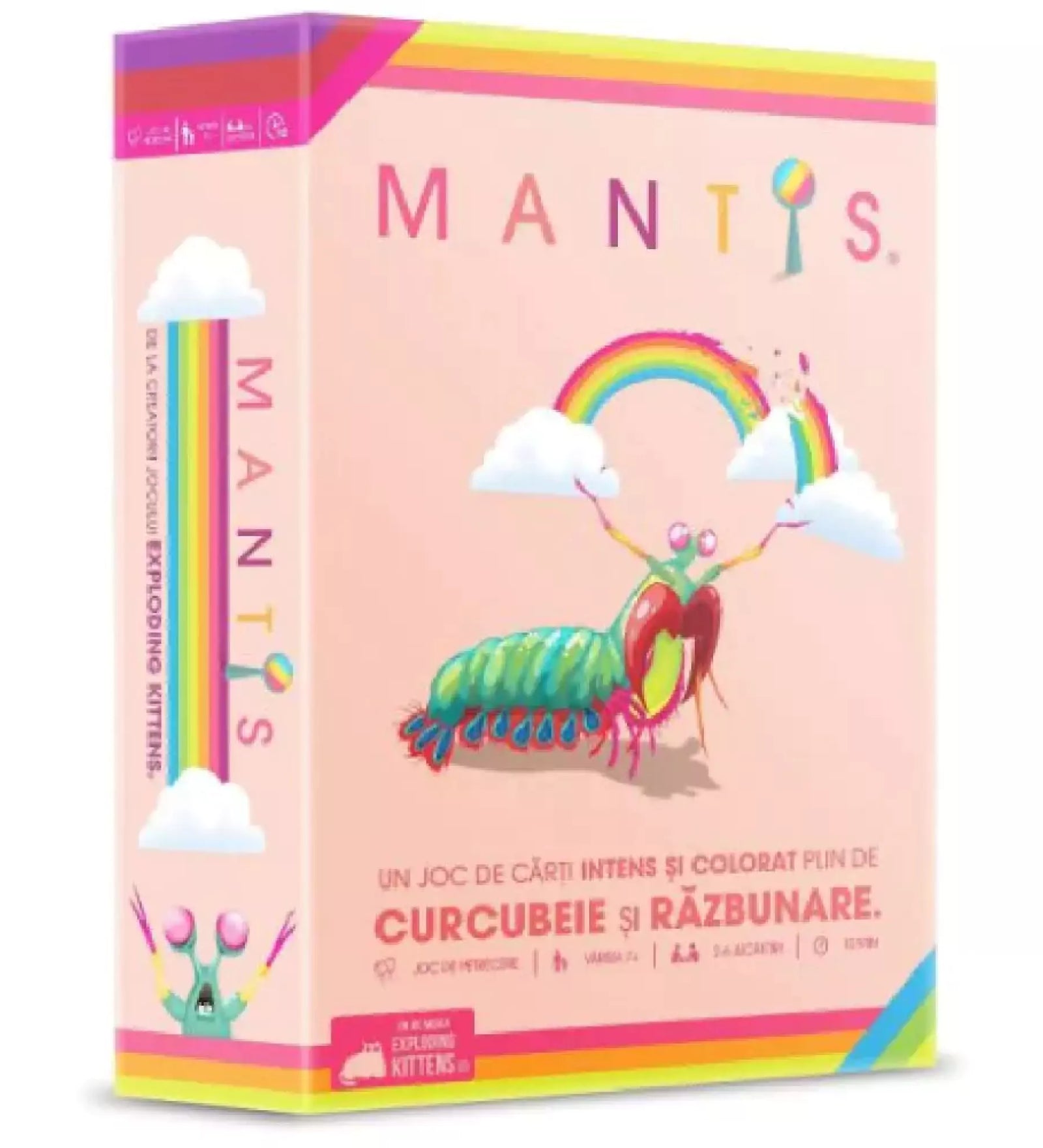 A Mantis kártyajáték doboza, amely színes, vidám illusztrációkkal és egy szivárványos mantisszal díszített.