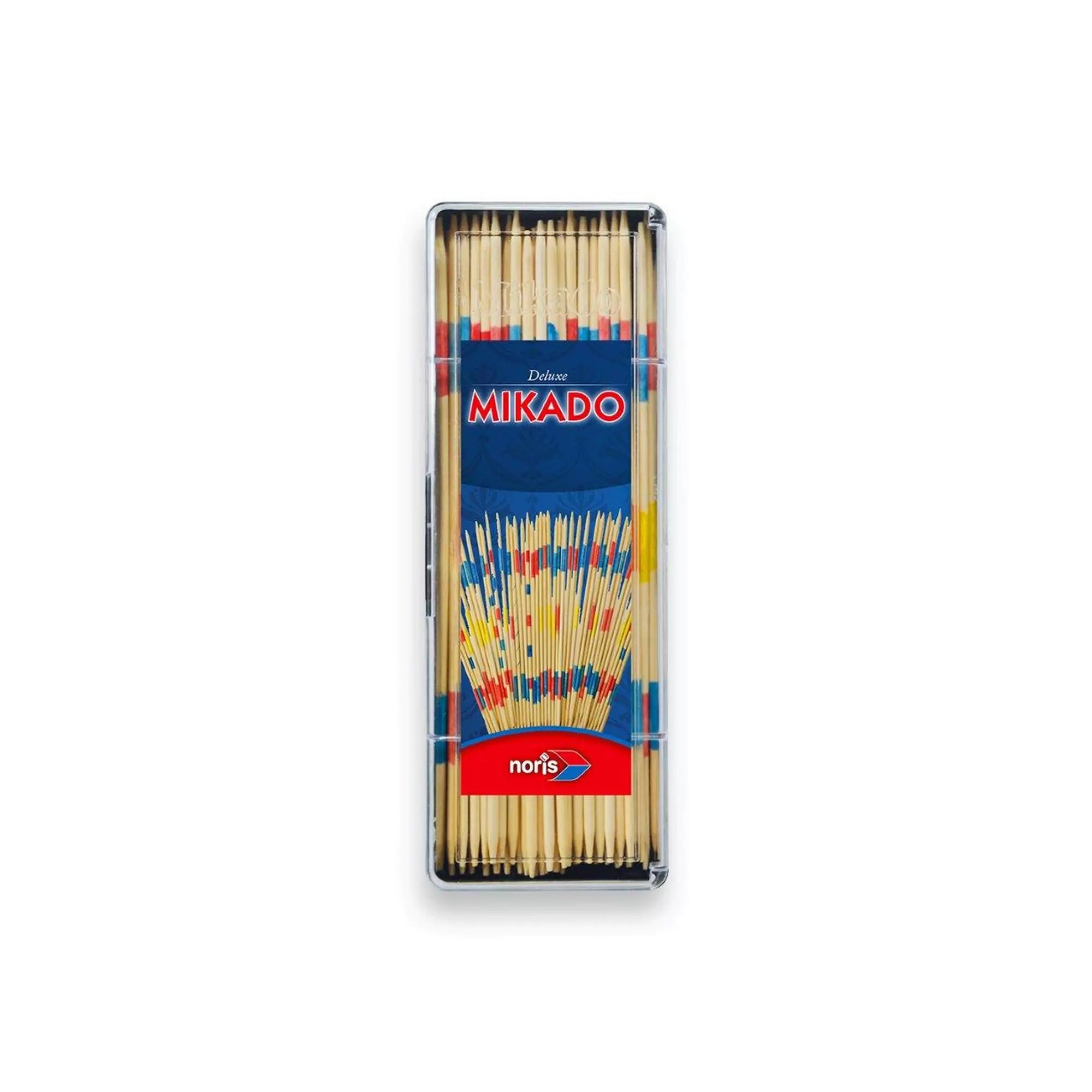 Marokkó (Mikado) ügyességi játék fa pálcikákkal, műanyag tárolódobozban, színes csíkozású rudacskákkal.