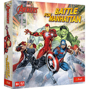 A Marvel: Battle for Manhattan társasjáték doboza látható, rajta a Bosszúállók hősei: Vasember, Thor, Hulk, Amerika Kapitány, Fekete Özvegy és Fekete Párduc. A színes, akciódús borító Manhattan utcáit idézi meg, a játék 8 éves kortól, 2–5 játékos számára ajánlott.
