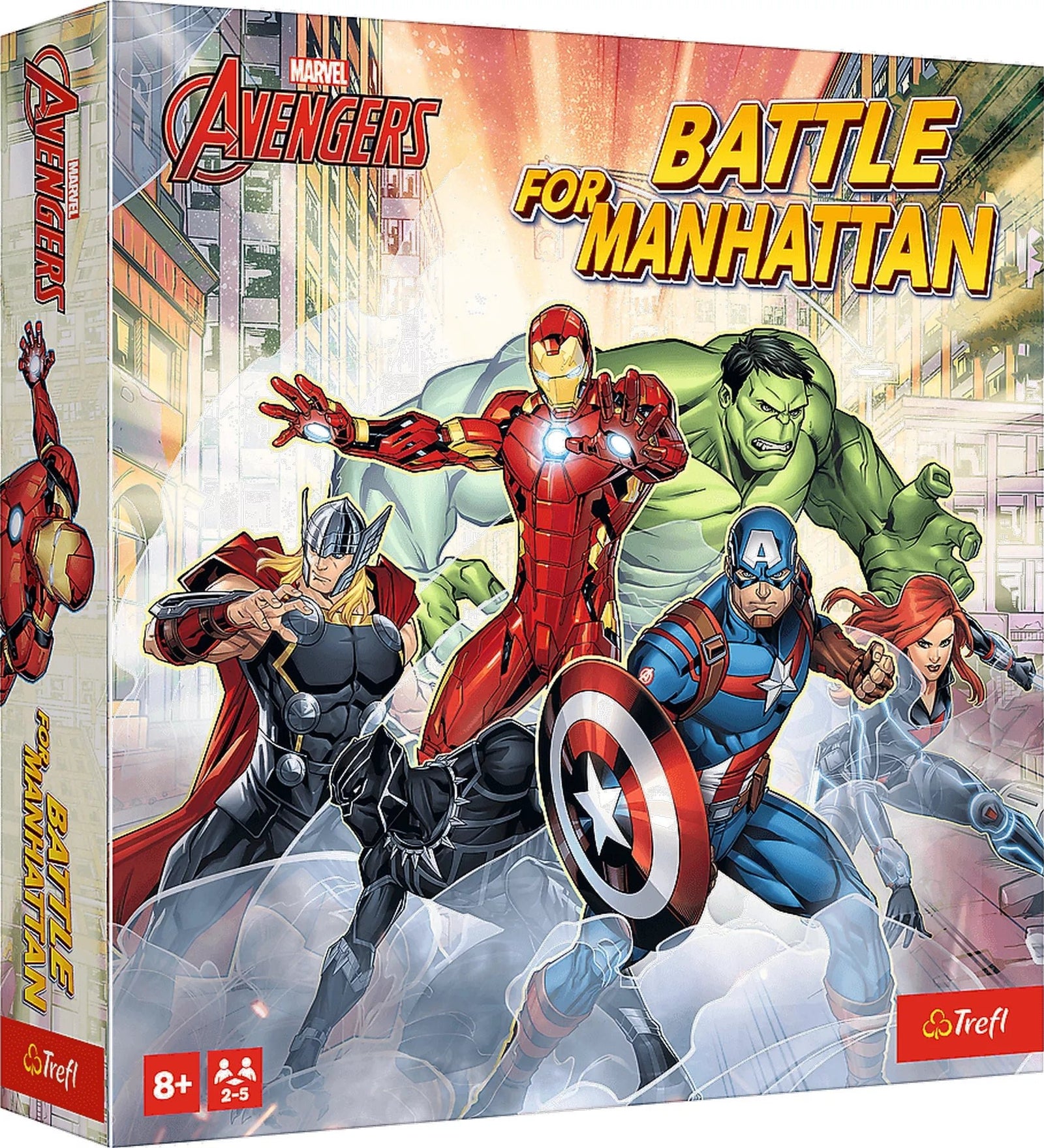 A Marvel: Battle for Manhattan társasjáték doboza látható, rajta a Bosszúállók hősei: Vasember, Thor, Hulk, Amerika Kapitány, Fekete Özvegy és Fekete Párduc. A színes, akciódús borító Manhattan utcáit idézi meg, a játék 8 éves kortól, 2–5 játékos számára ajánlott.