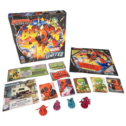 A Marvel United: Deadpool kiegészítő összes tartalma: játéktáblaelemek, karakter- és küldetéskártyák, jelölők, valamint négy színes figura a doboz mellett elrendezve.