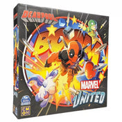Marvel United: Deadpool magyar nyelvű kiegészítő doboza, amelyen Deadpool robbanásszerű akció közben látható, körülötte képregényszerű effektekkel, rakétákkal és színes hátterű illusztrációkkal.