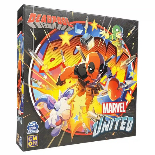 Marvel United: Deadpool magyar nyelvű kiegészítő doboza, amelyen Deadpool robbanásszerű akció közben látható, körülötte képregényszerű effektekkel, rakétákkal és színes hátterű illusztrációkkal.
