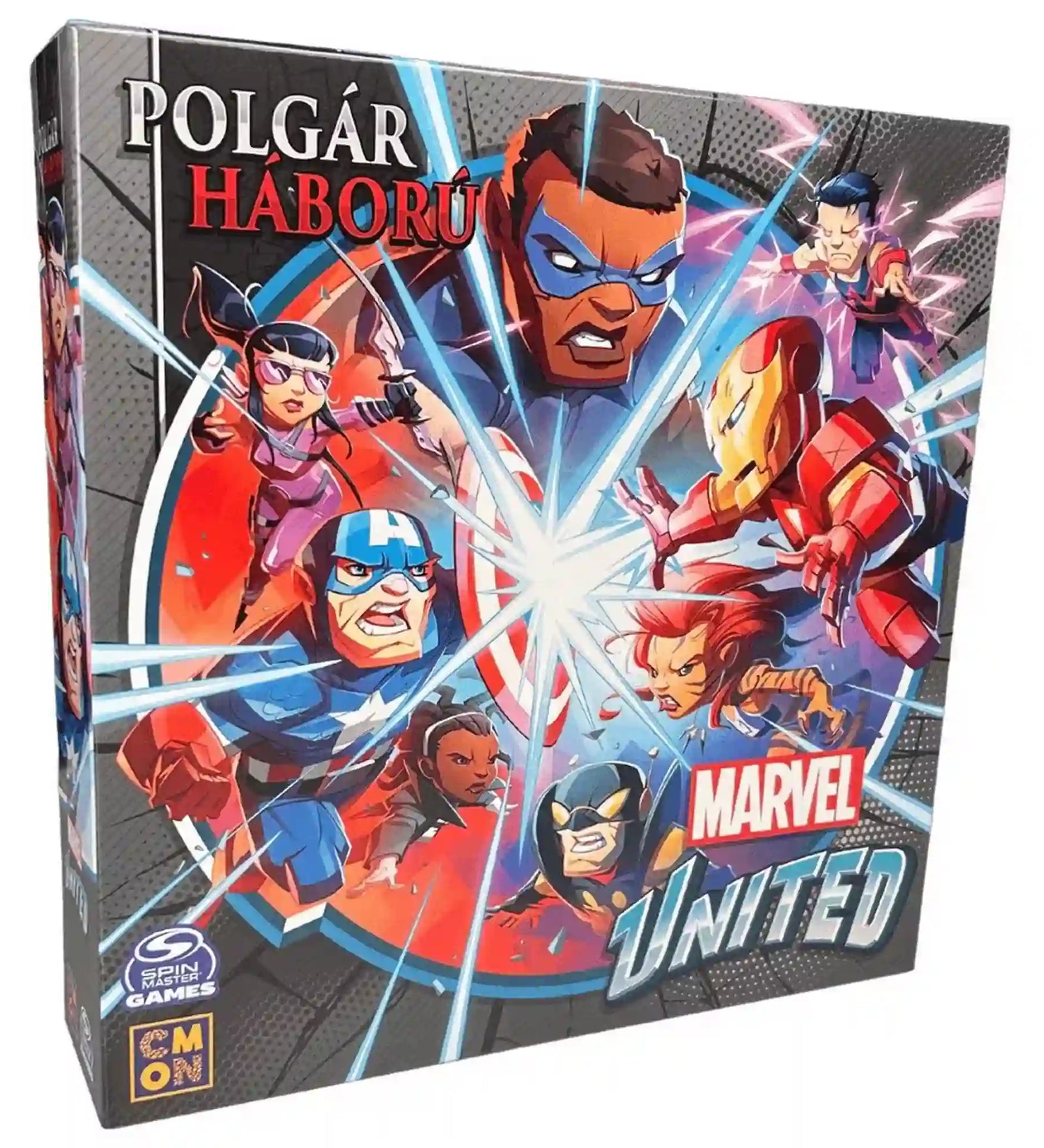 Marvel United: Polgárháború magyar nyelvű kiegészítő társasjáték doboza szemből, a Polgárháború történet ikonikus Marvel hőseivel.