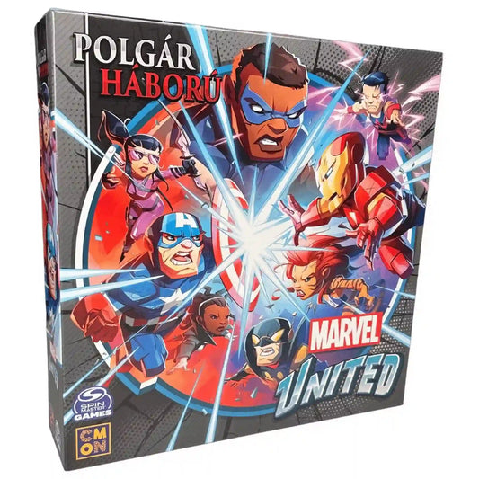 Marvel United: Polgárháború magyar nyelvű kiegészítő társasjáték doboza szemből, a Polgárháború történet ikonikus Marvel hőseivel.