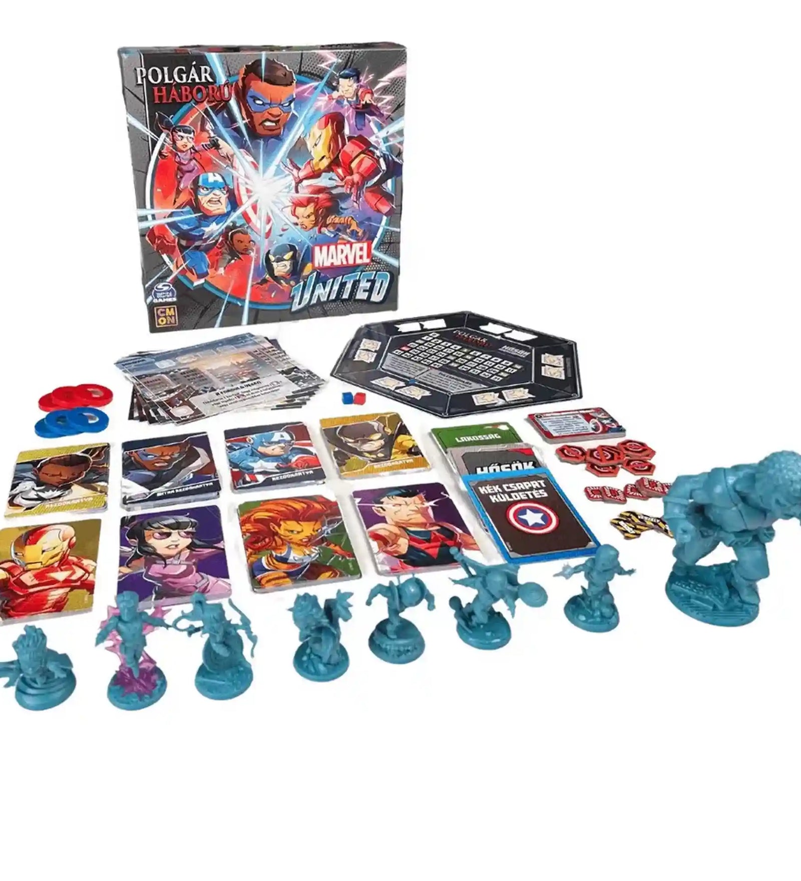 Marvel United: Polgárháború magyar nyelvű kiegészítő teljes játéktartalma figurákkal, hőskártyákkal, jelölőkkel és játékelemekkel.