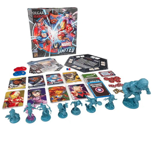 Marvel United: Polgárháború magyar nyelvű kiegészítő teljes játéktartalma figurákkal, hőskártyákkal, jelölőkkel és játékelemekkel.